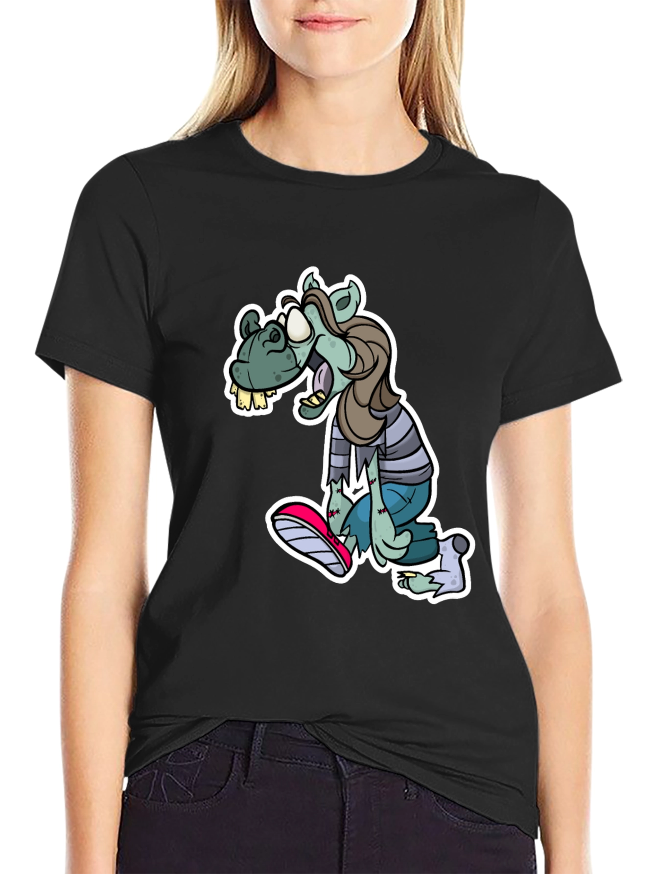Camiseta Negra Estampada con Zombie Divertido