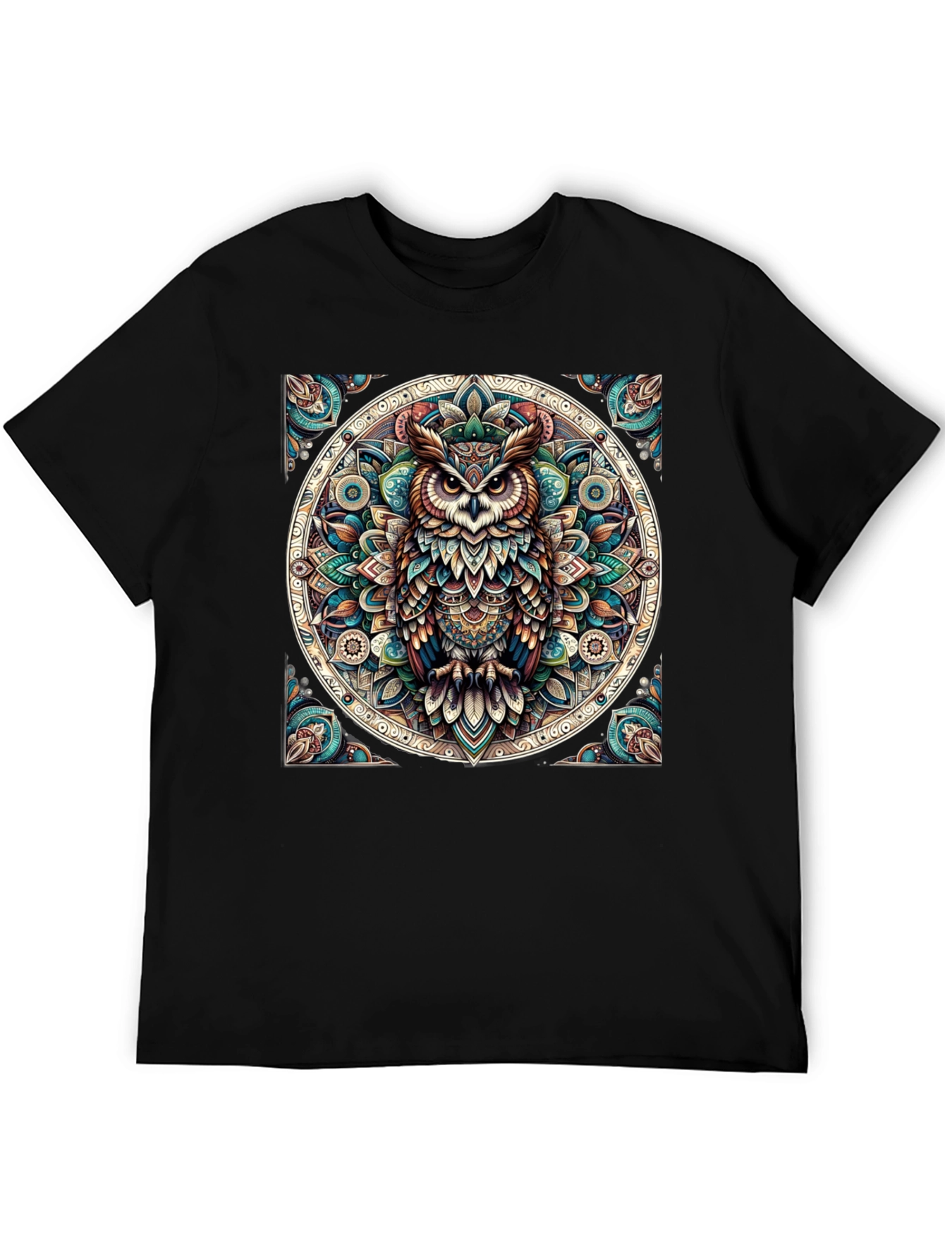 Camiseta Negra con Diseño de Búho Mandala
