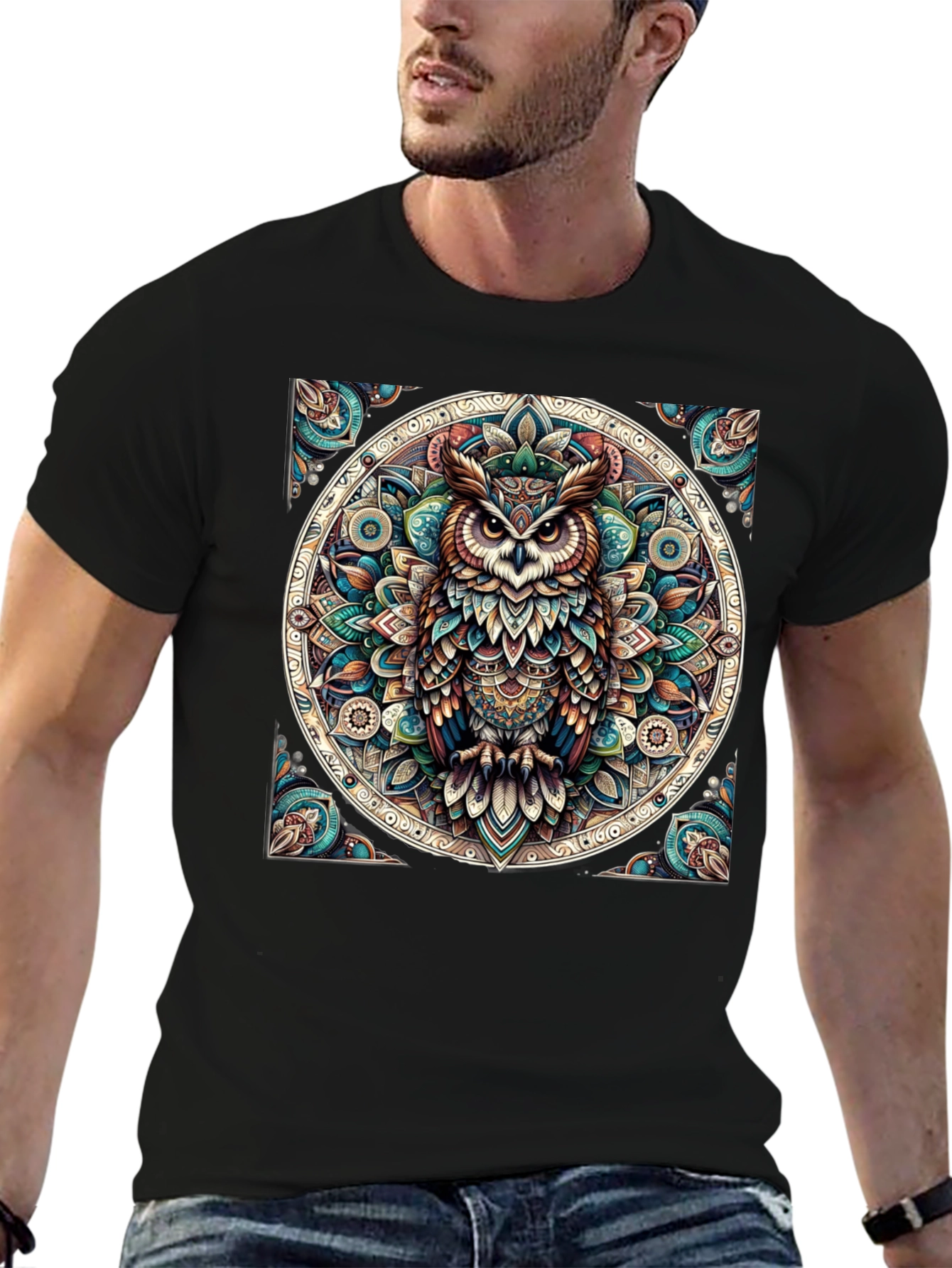 Camiseta Negra con Diseño de Búho Mandala