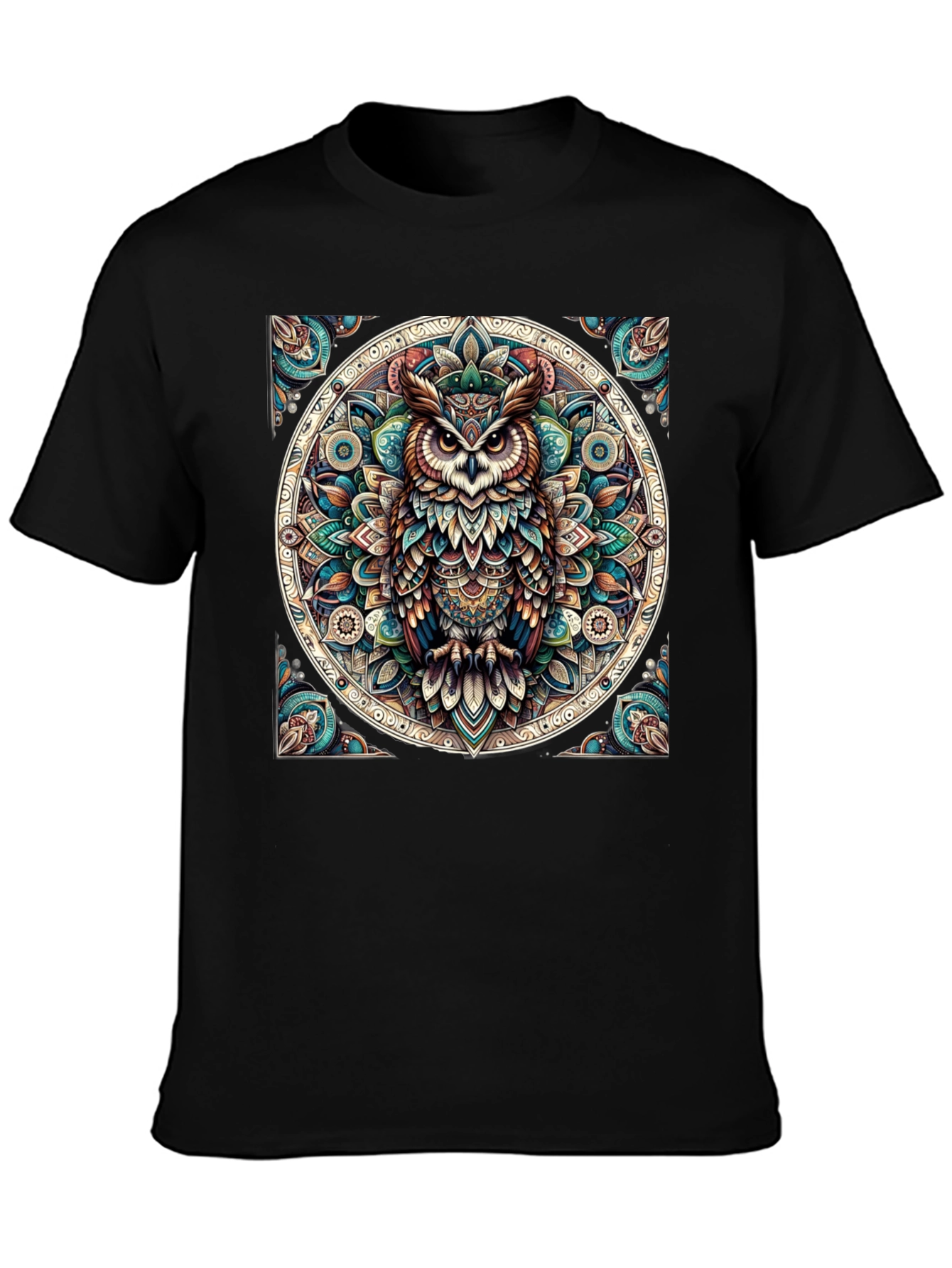 Camiseta Negra con Diseño de Búho Mandala