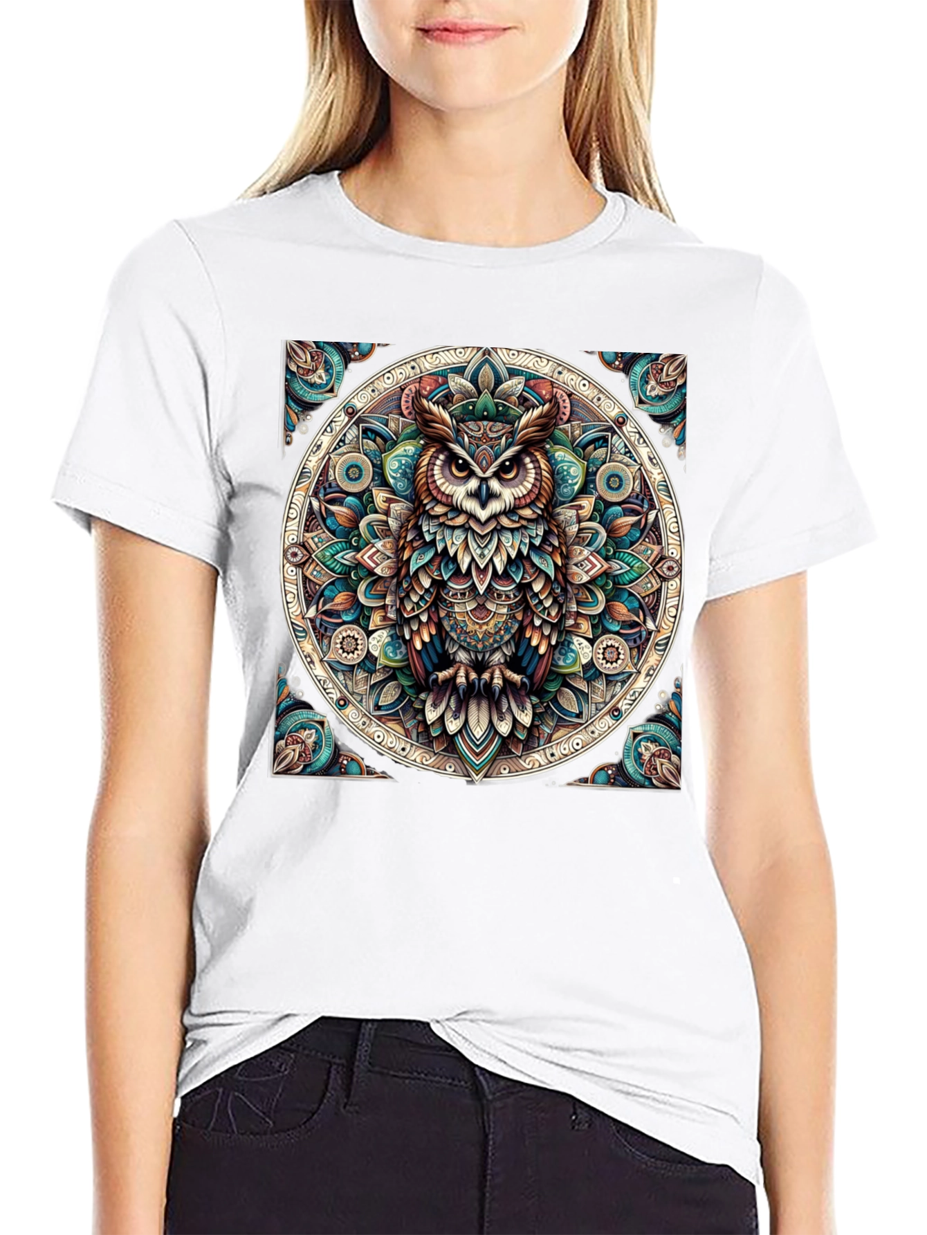 Camiseta Negra con Diseño de Búho Mandala