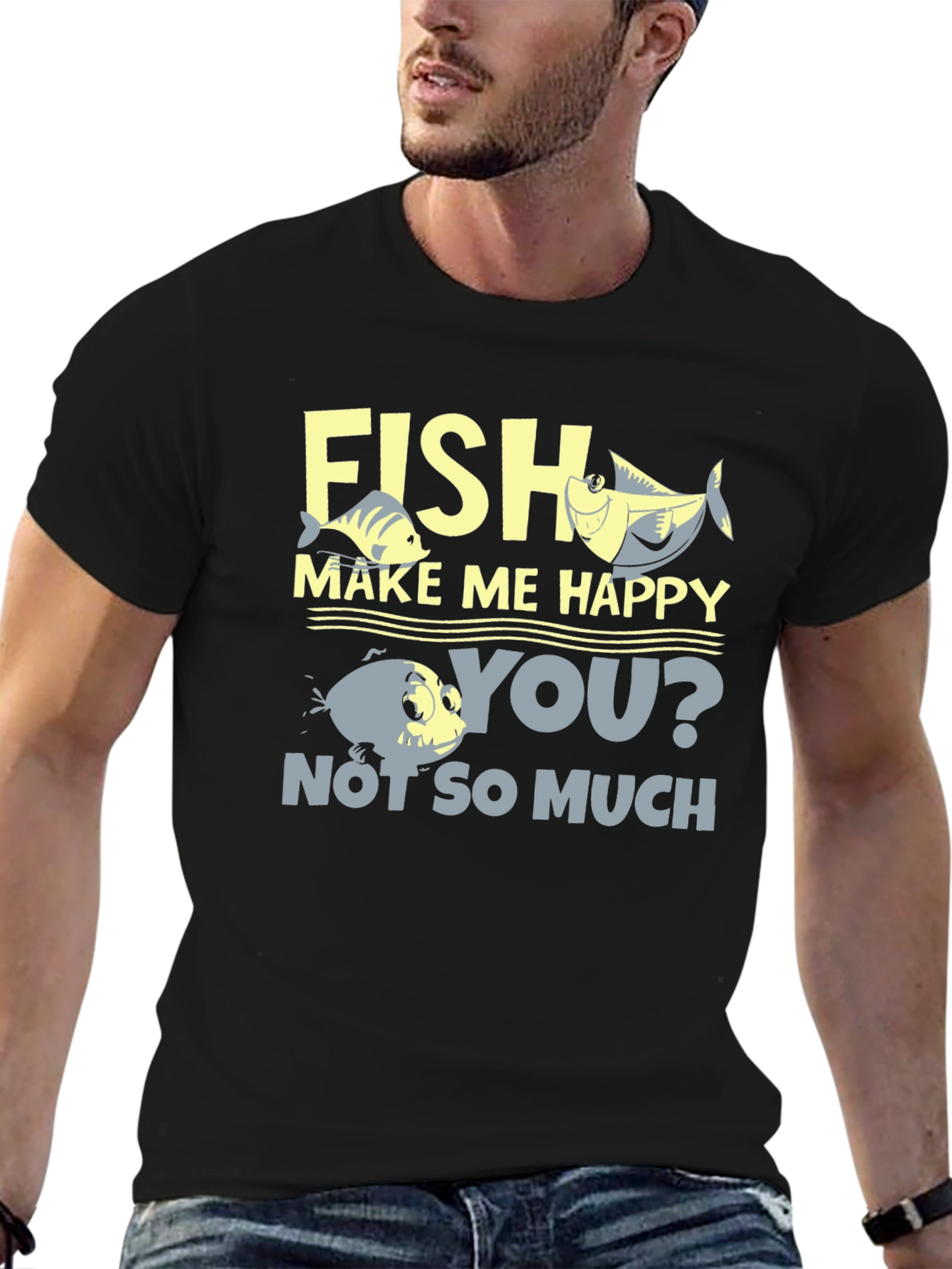 Camiseta Hombre Negra Estampada Fish Make Me Happy