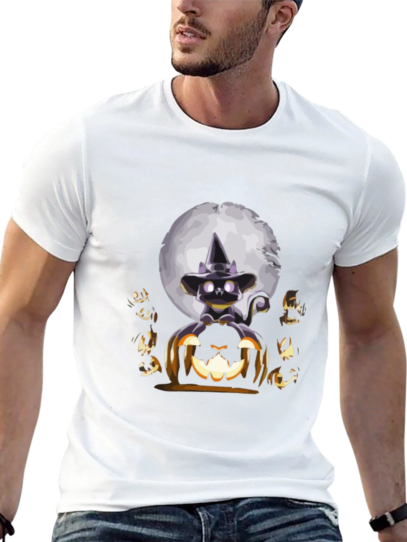 Camiseta Halloween Gato Bruja Calabaza Luna