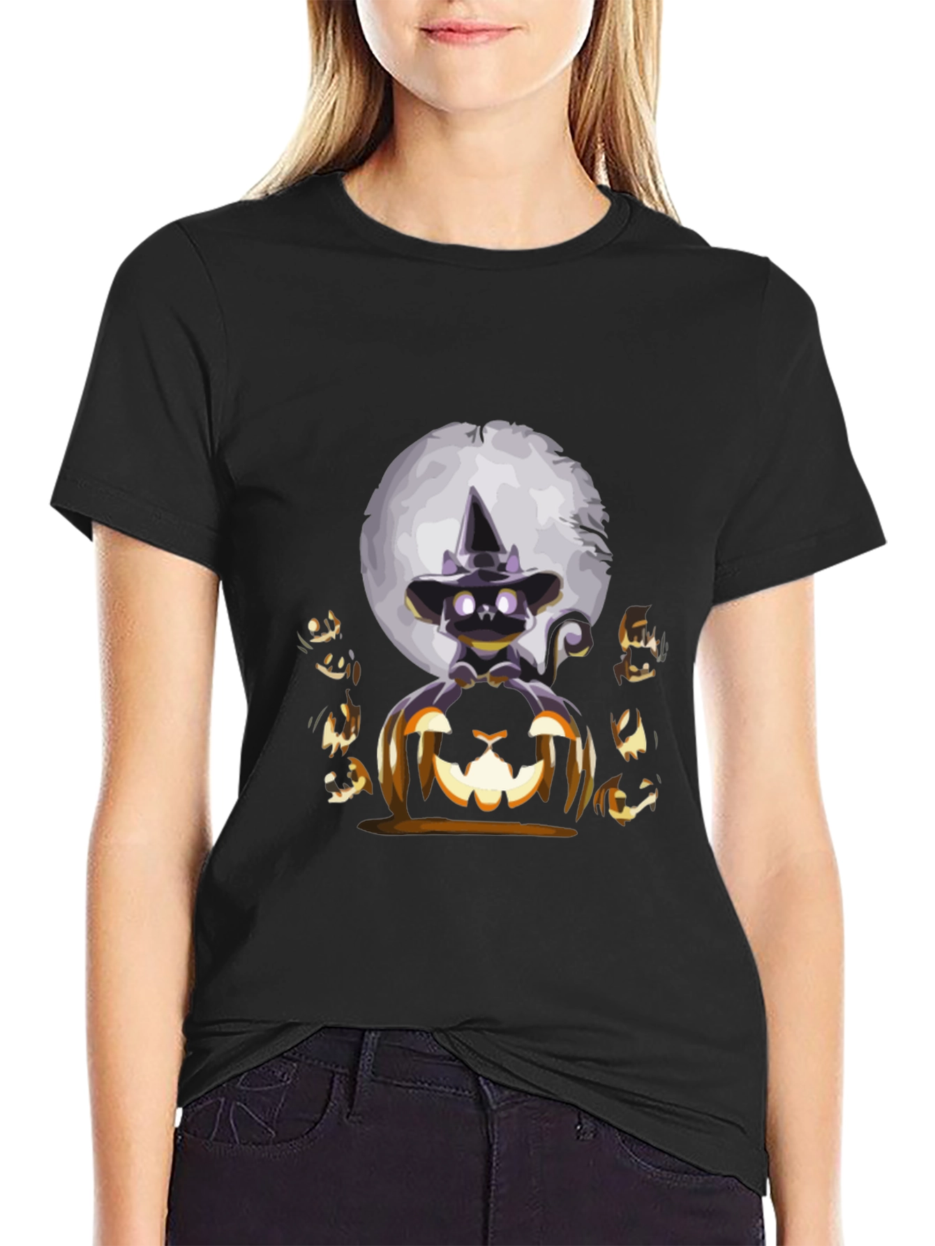 Camiseta Halloween Gato Bruja Calabaza Luna