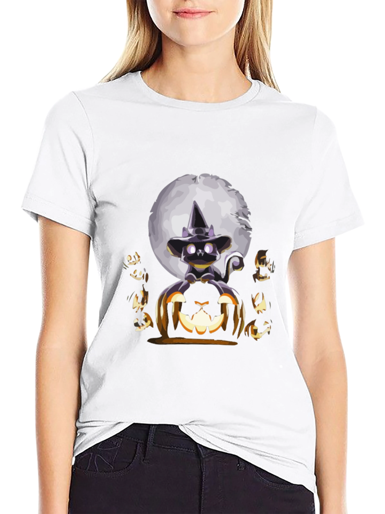 Camiseta Halloween Gato Bruja Calabaza Luna