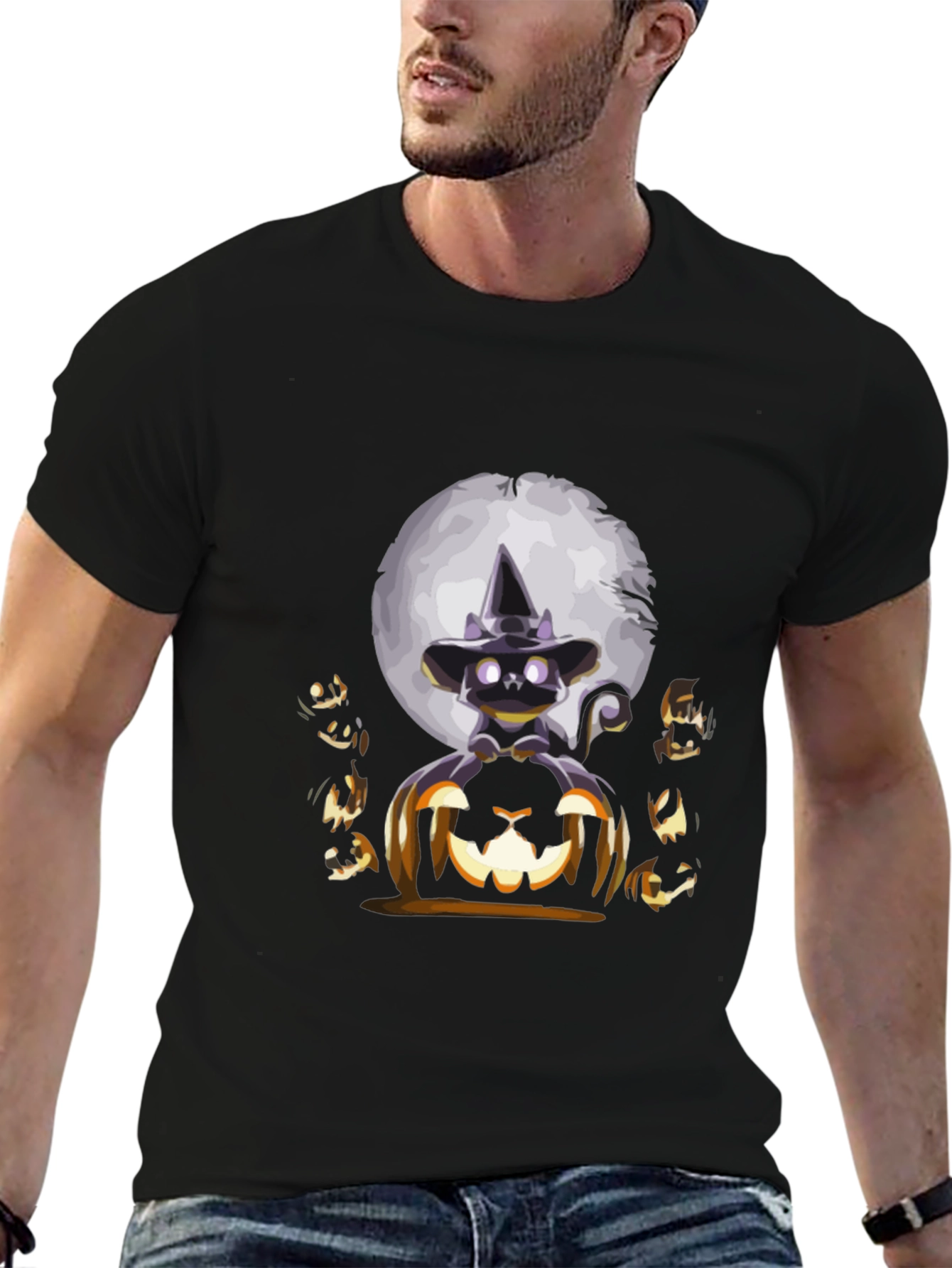 Camiseta Halloween Gato Bruja Calabaza Luna