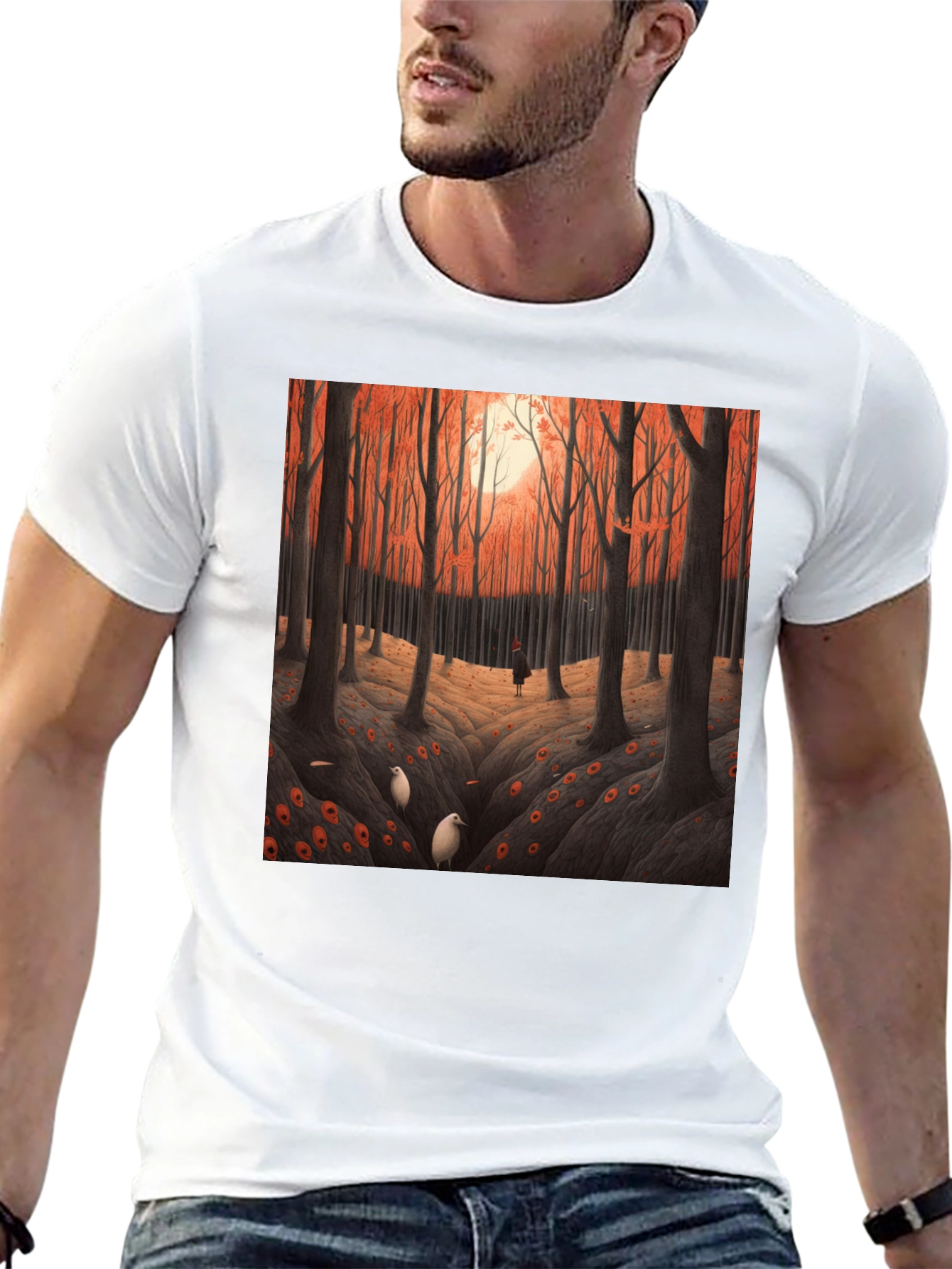 Camiseta Negra con Diseño Bosque Otoñal