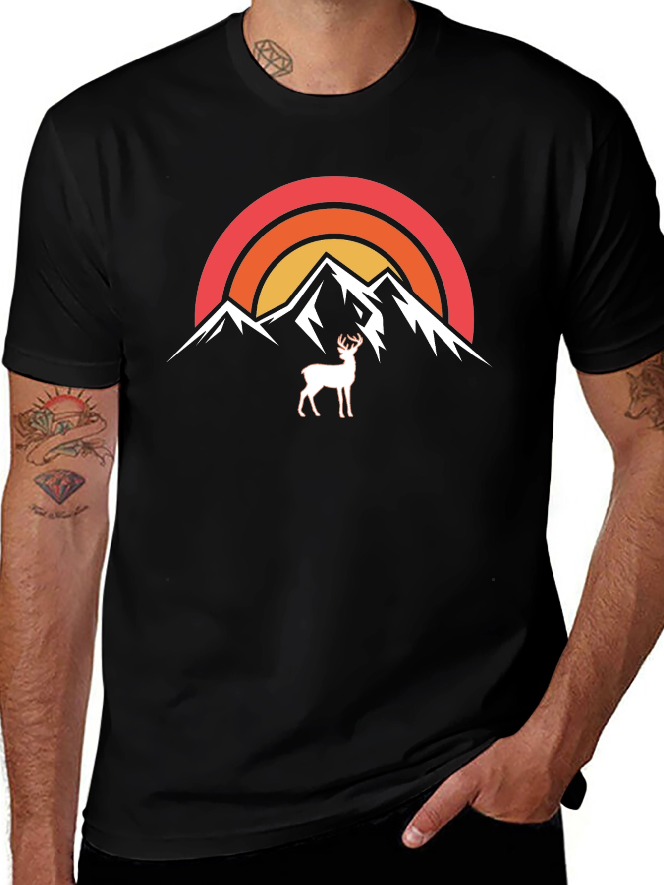 Camiseta Negra Montañas y Ciervo Retro