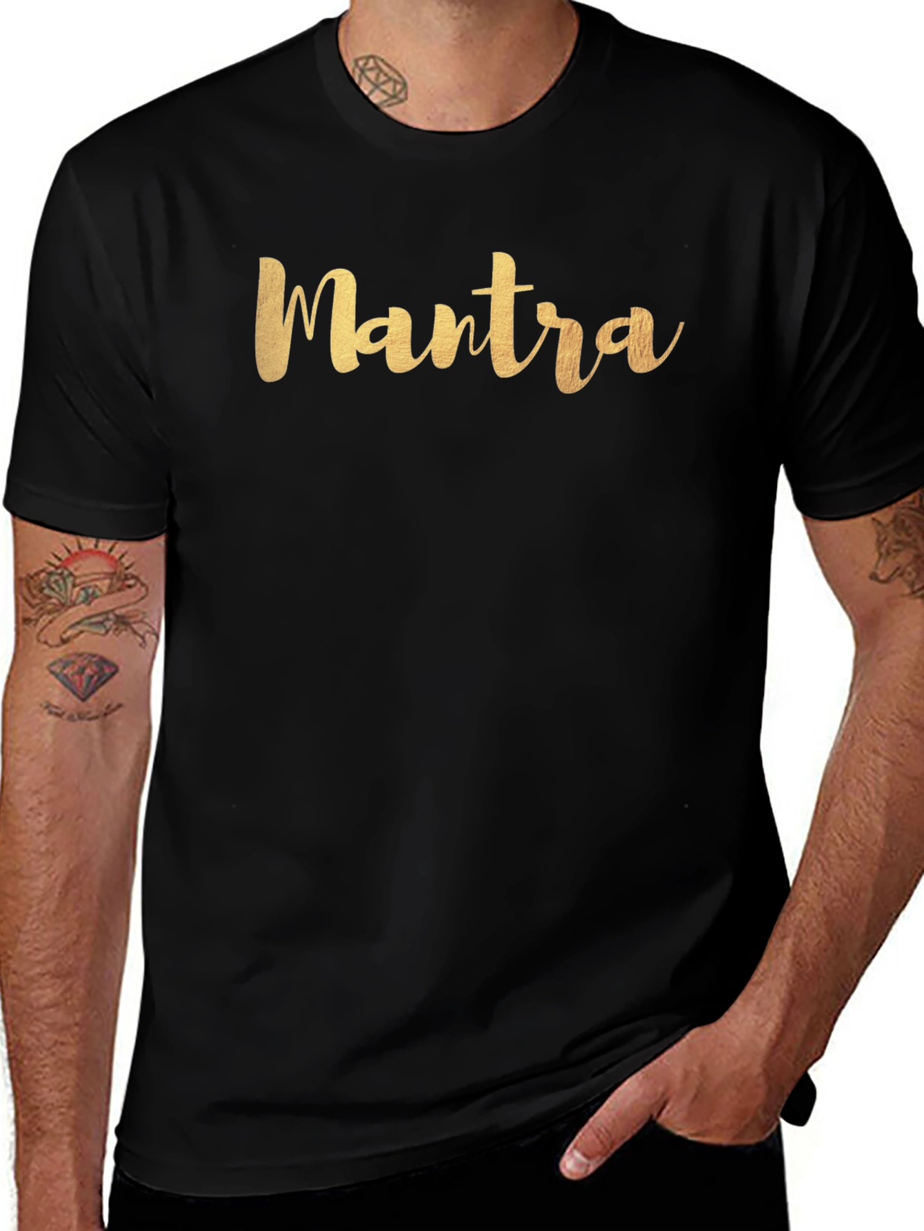 Camiseta Negra Hombre con Inscripción Mantra Dorada