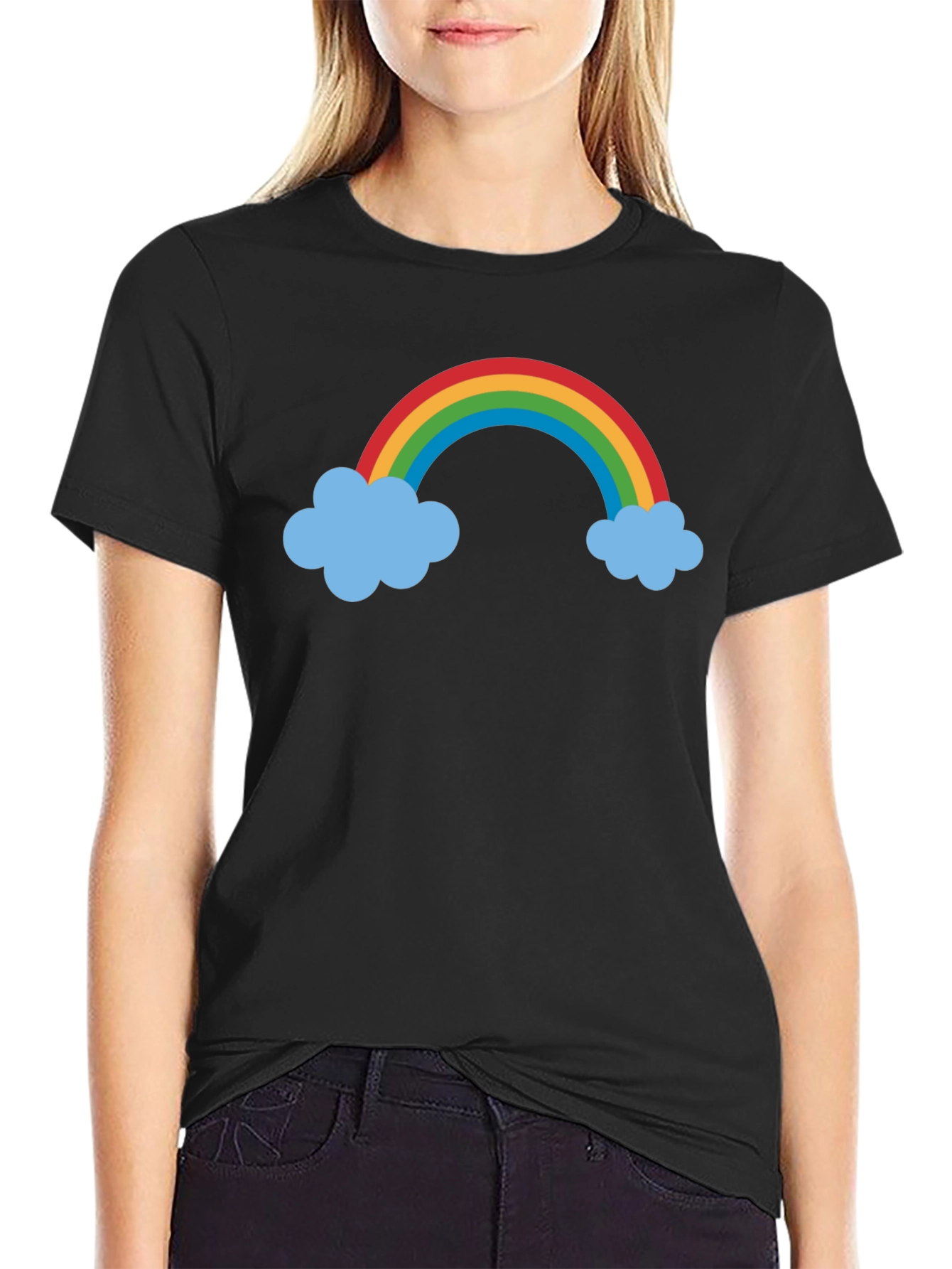Camiseta Negra con Arcoíris y Nubes
