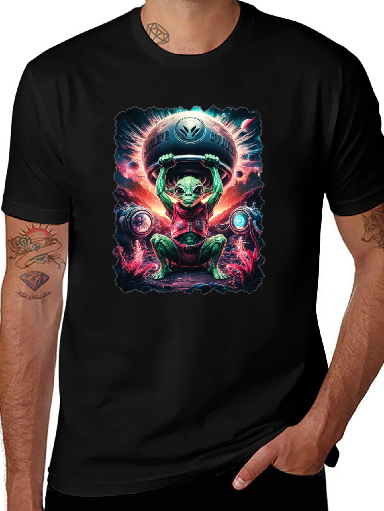 Camiseta Hombre Alienígena Halterofilia Espacial