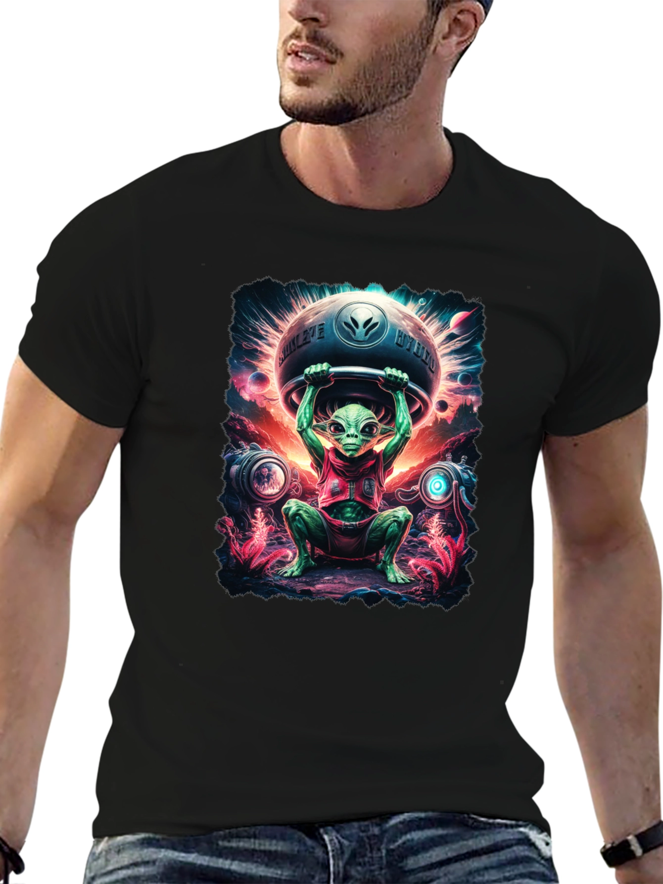 Camiseta Hombre Alienígena Halterofilia Espacial