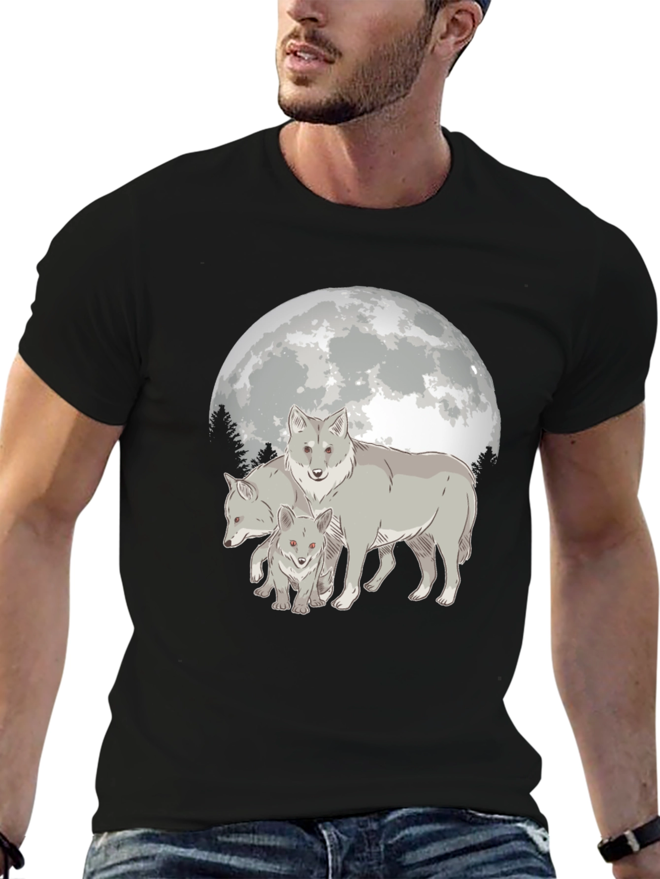 Camiseta Hombre Diseño Lobo Luna Llena - Estilo Casual