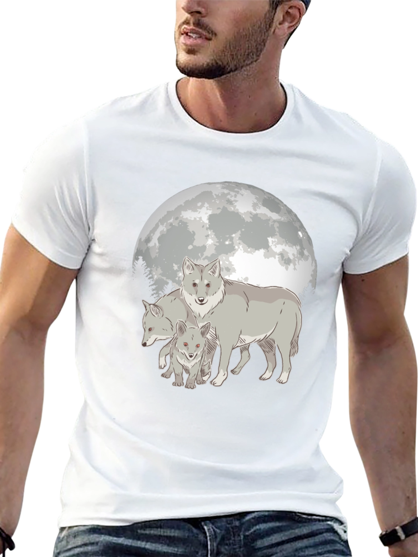 Camiseta Hombre Diseño Lobo Luna Llena - Estilo Casual
