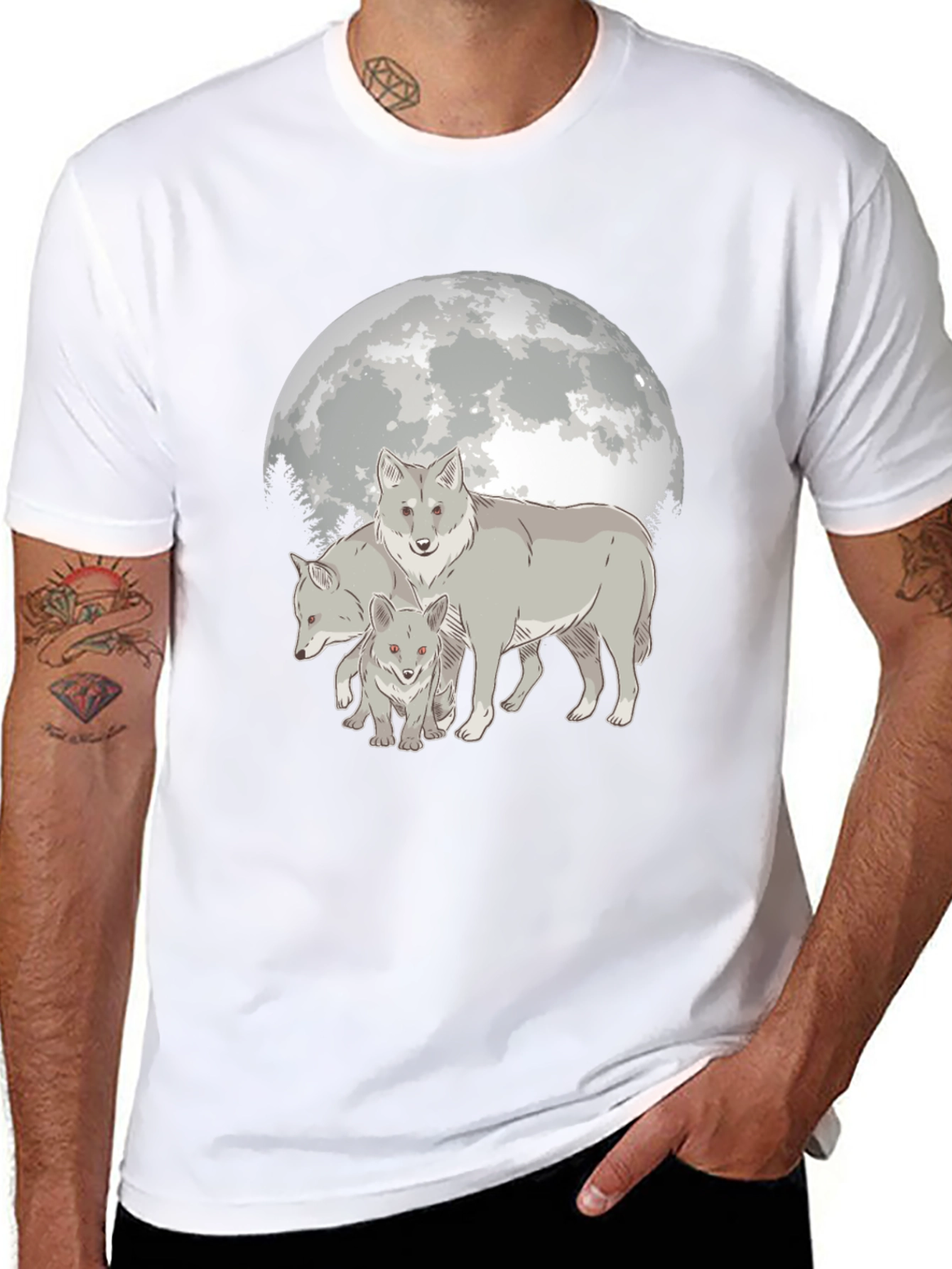 Camiseta Hombre Diseño Lobo Luna Llena - Estilo Casual