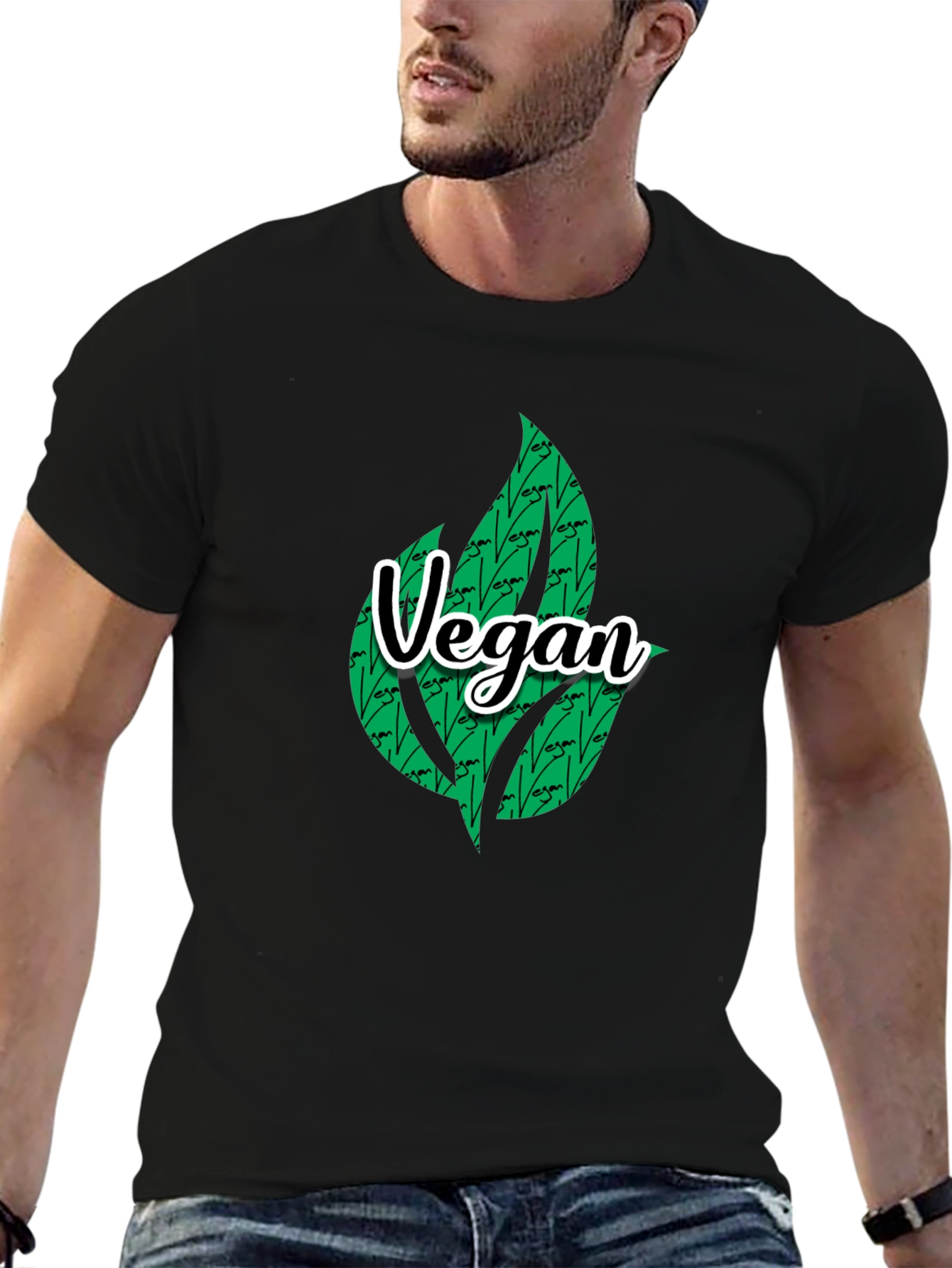 Camiseta Negra Vegana con Diseño de Hojas