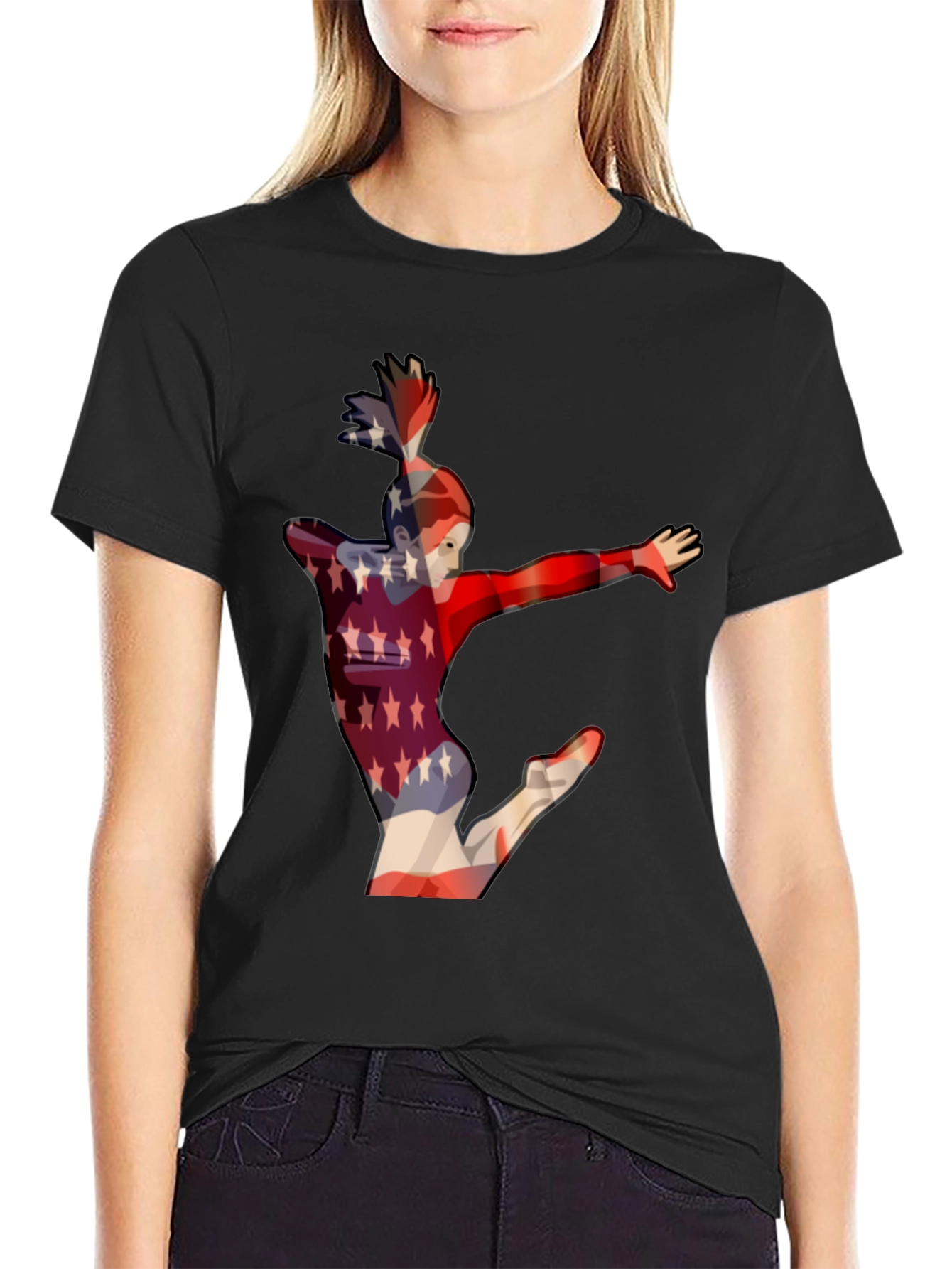 Camiseta Negra con Diseño de Gimnasta Americana