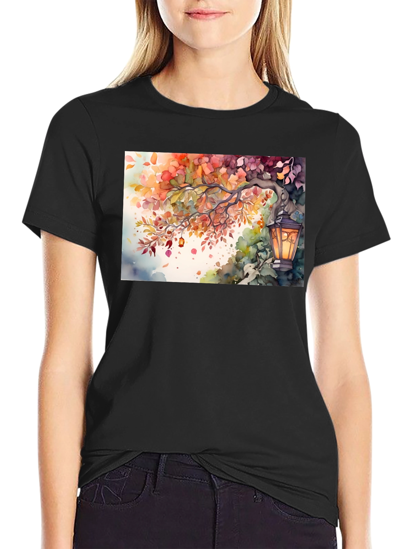 Camiseta Negra con Diseño de Otoño