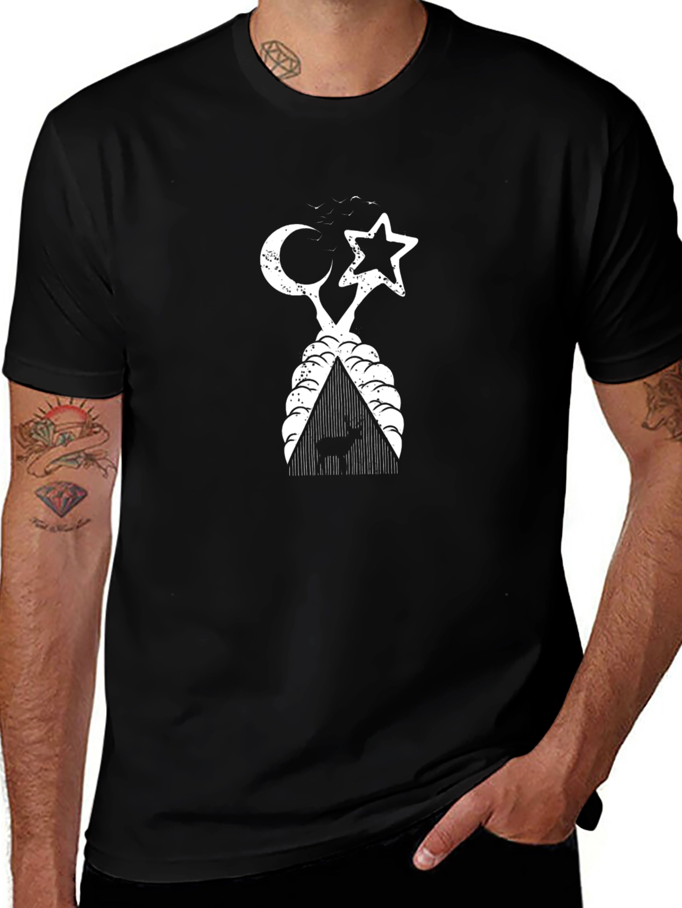 Camiseta Negra con Diseño Luna Estrella y Ciervo