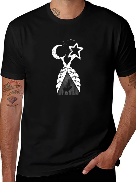 Camiseta Negra con Diseño Luna Estrella y Ciervo