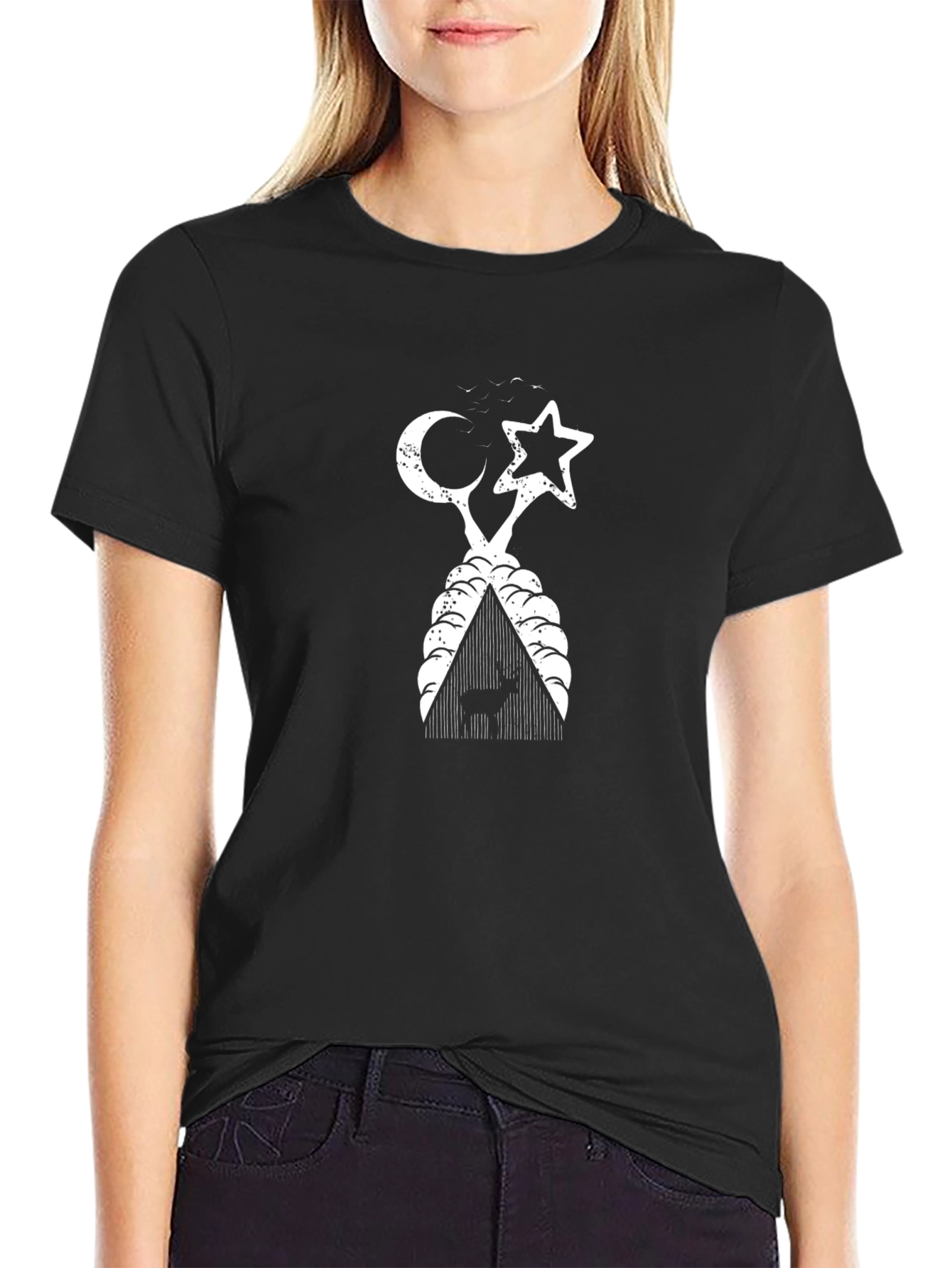 Camiseta Negra con Diseño Luna Estrella y Ciervo