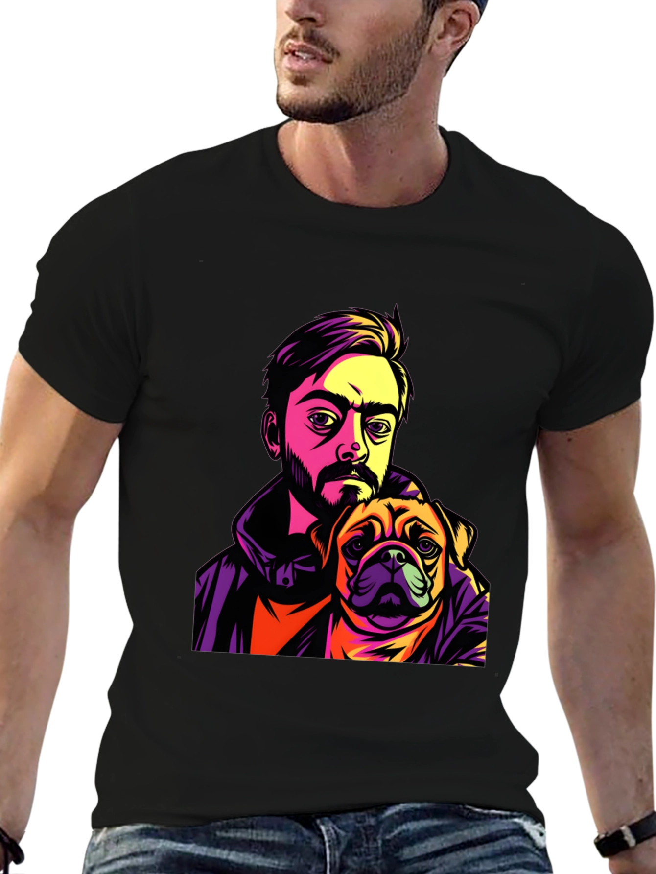 Camiseta Hombre Negra Diseño Hombre y Pug