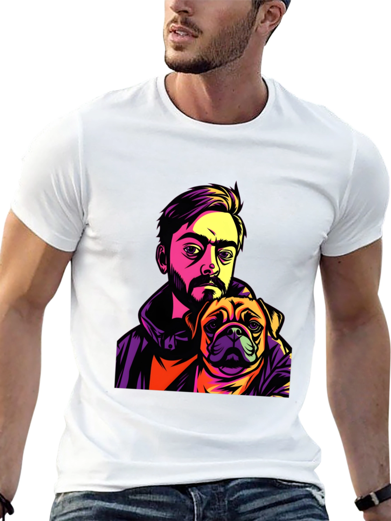Camiseta Hombre Negra Diseño Hombre y Pug
