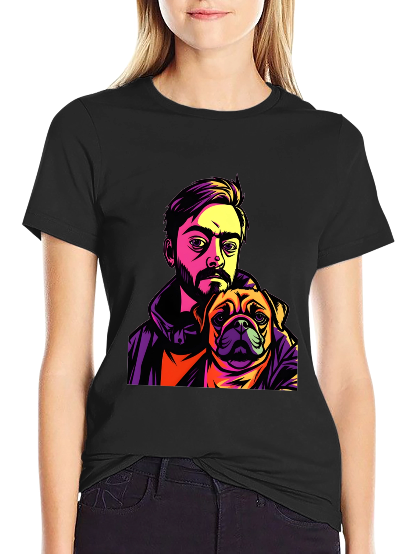 Camiseta Hombre Negra Diseño Hombre y Pug