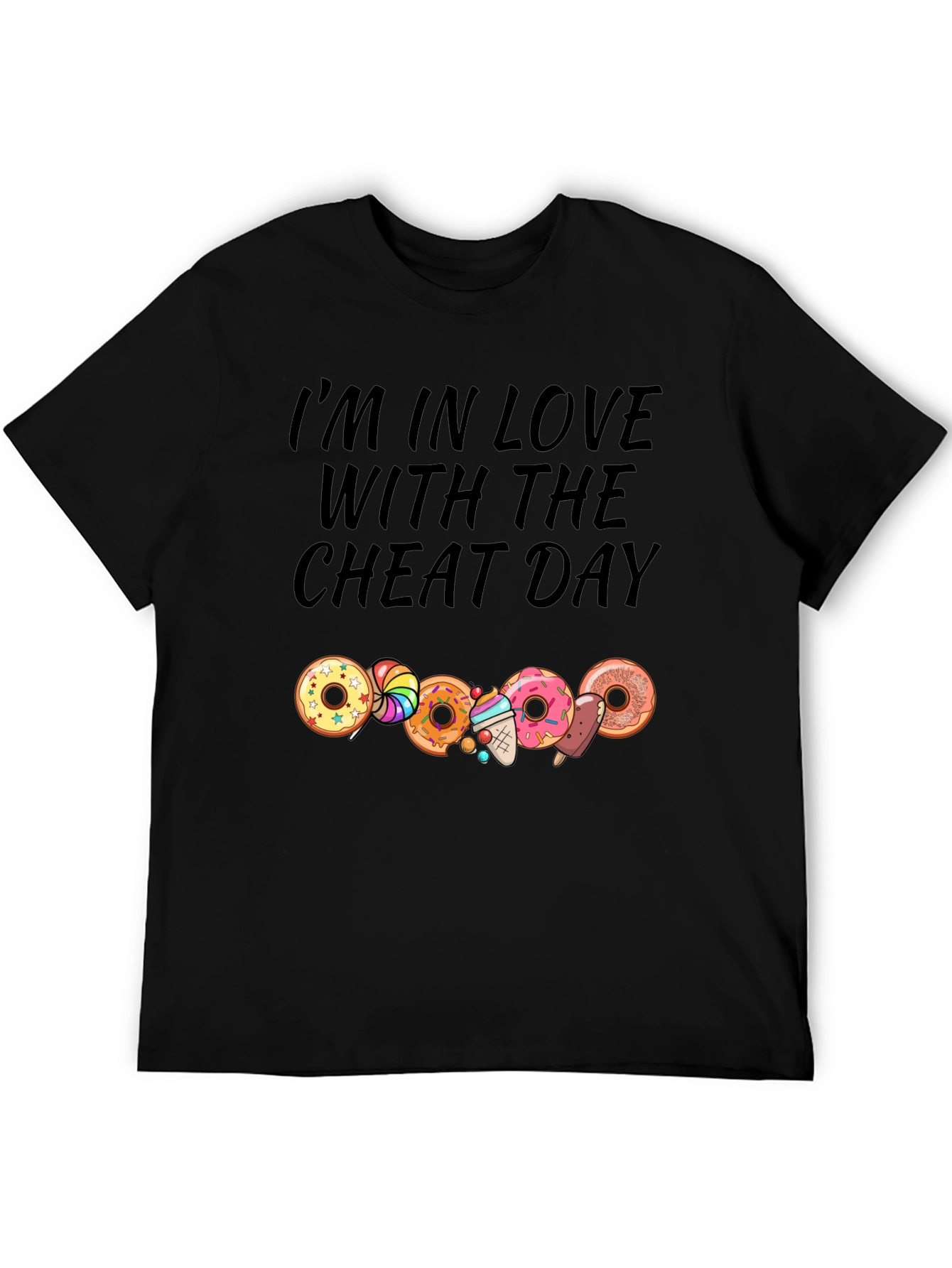 Camiseta Negra Cheat Day con Donas y Dulces