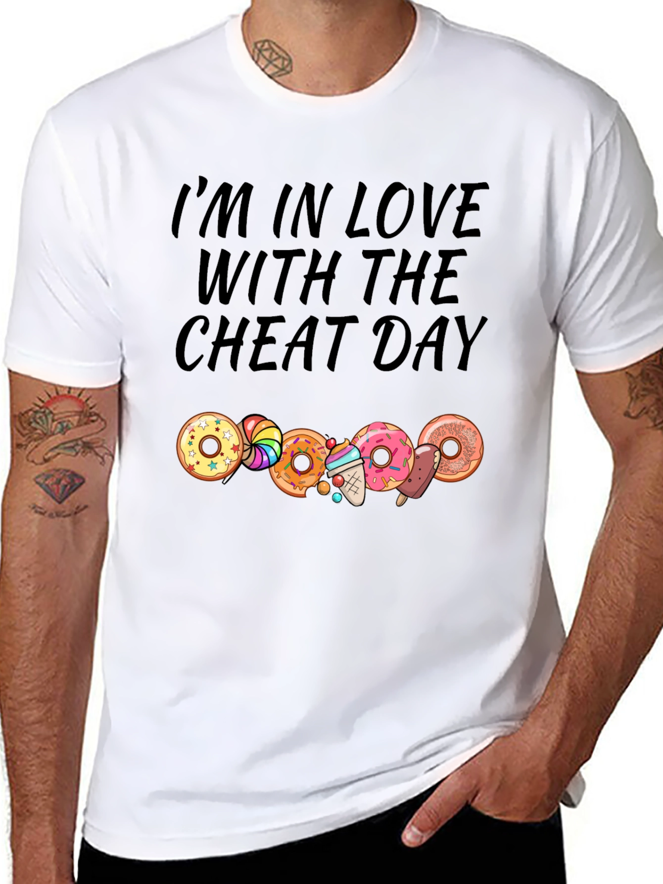 Camiseta Negra Cheat Day con Donas y Dulces