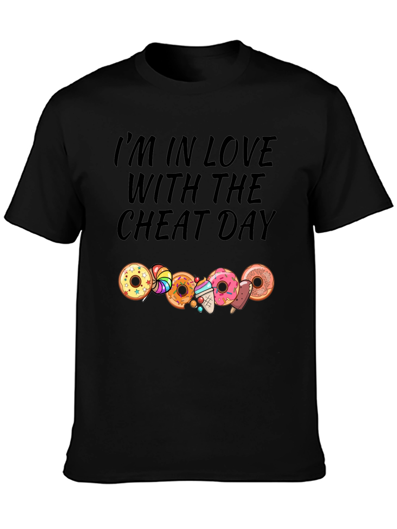 Camiseta Negra Cheat Day con Donas y Dulces
