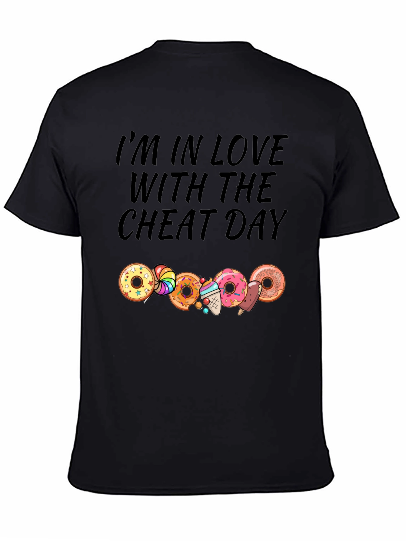 Camiseta Negra Cheat Day con Donas y Dulces