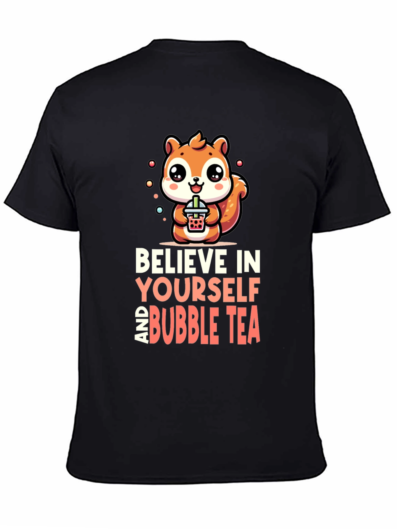 Camiseta Negra con Diseño de Ardilla y Bubble Tea