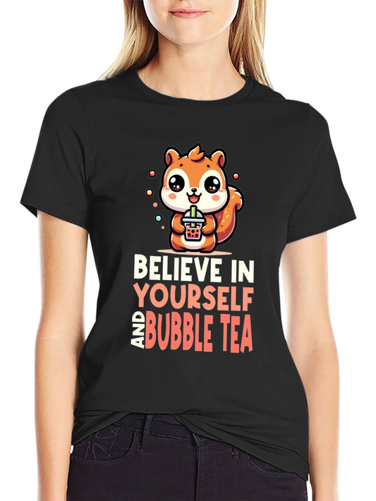 Camiseta Negra con Diseño de Ardilla y Bubble Tea