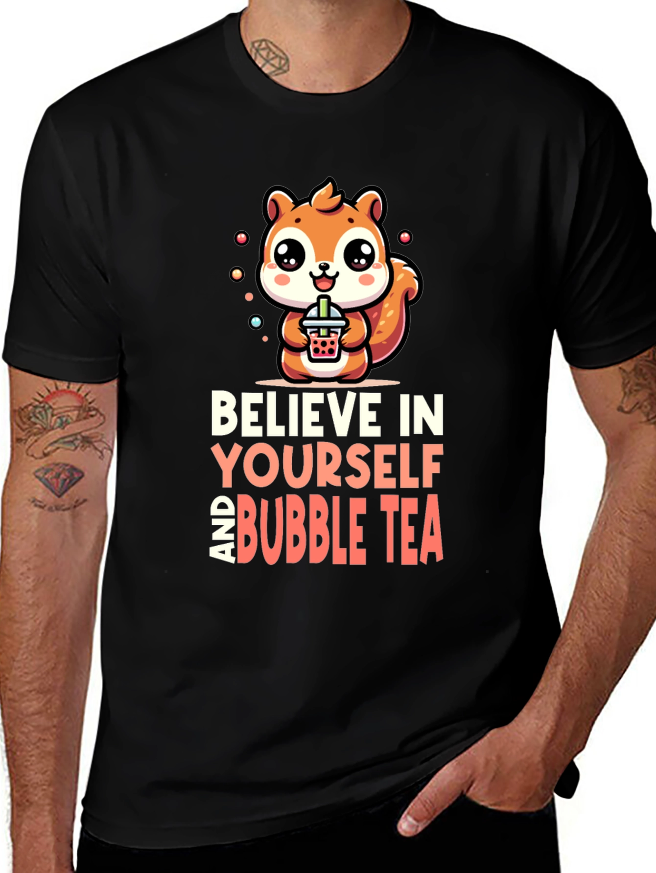 Camiseta Negra con Diseño de Ardilla y Bubble Tea