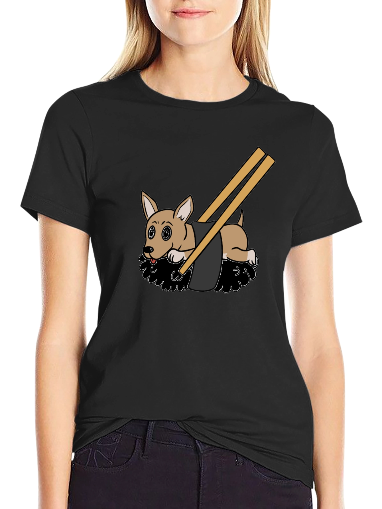 Camiseta Negra Diseño Sushi Perrito Divertido Casual