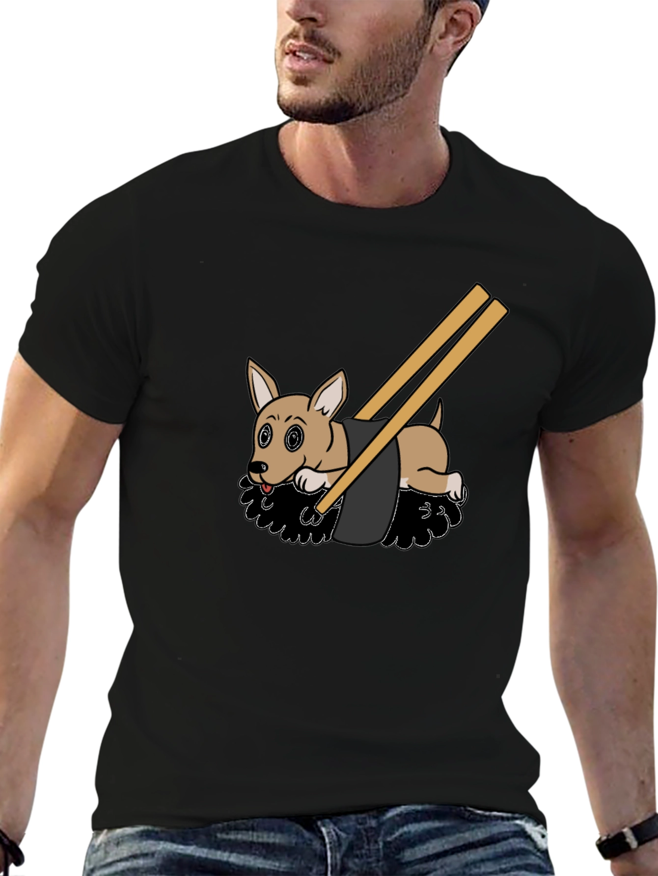 Camiseta Negra Diseño Sushi Perrito Divertido Casual
