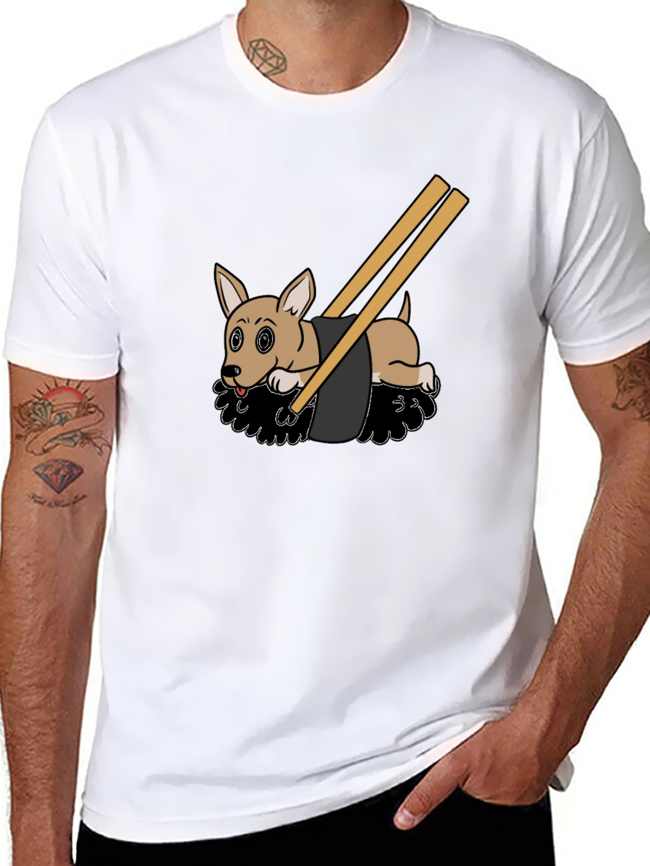 Camiseta Negra Diseño Sushi Perrito Divertido Casual