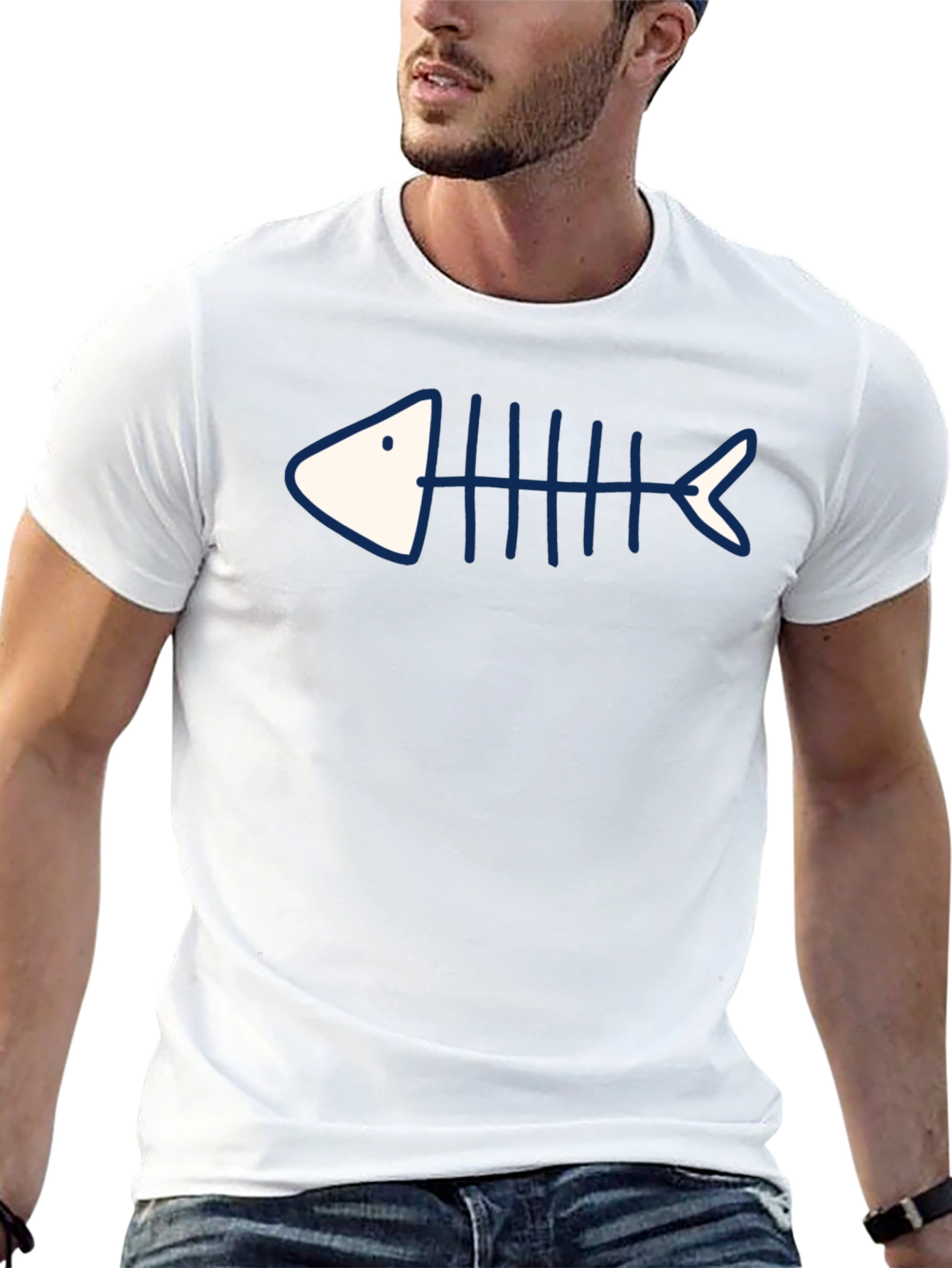 Camiseta Negra con Diseño de Esqueleto de Pescado Azul