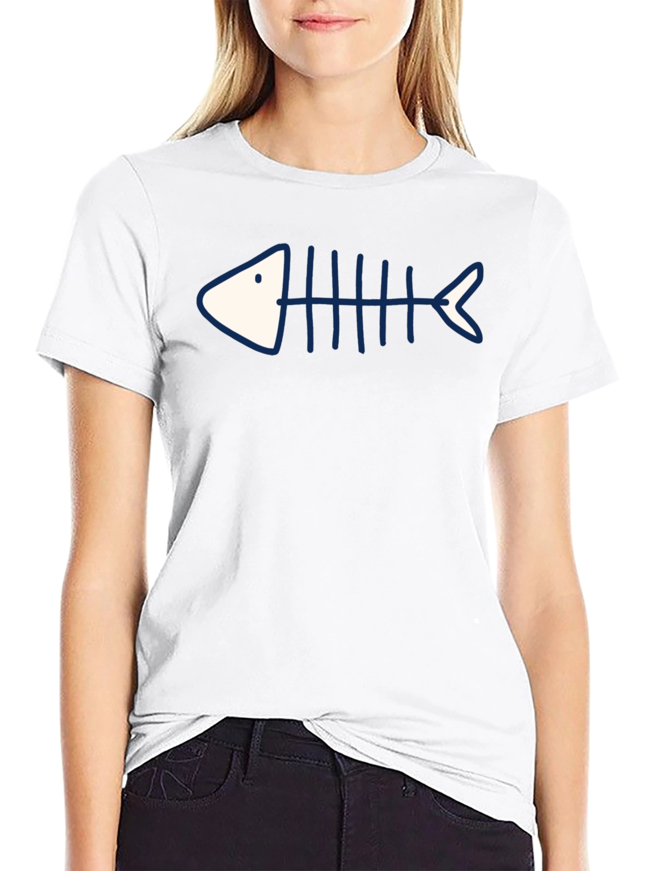 Camiseta Negra con Diseño de Esqueleto de Pescado Azul