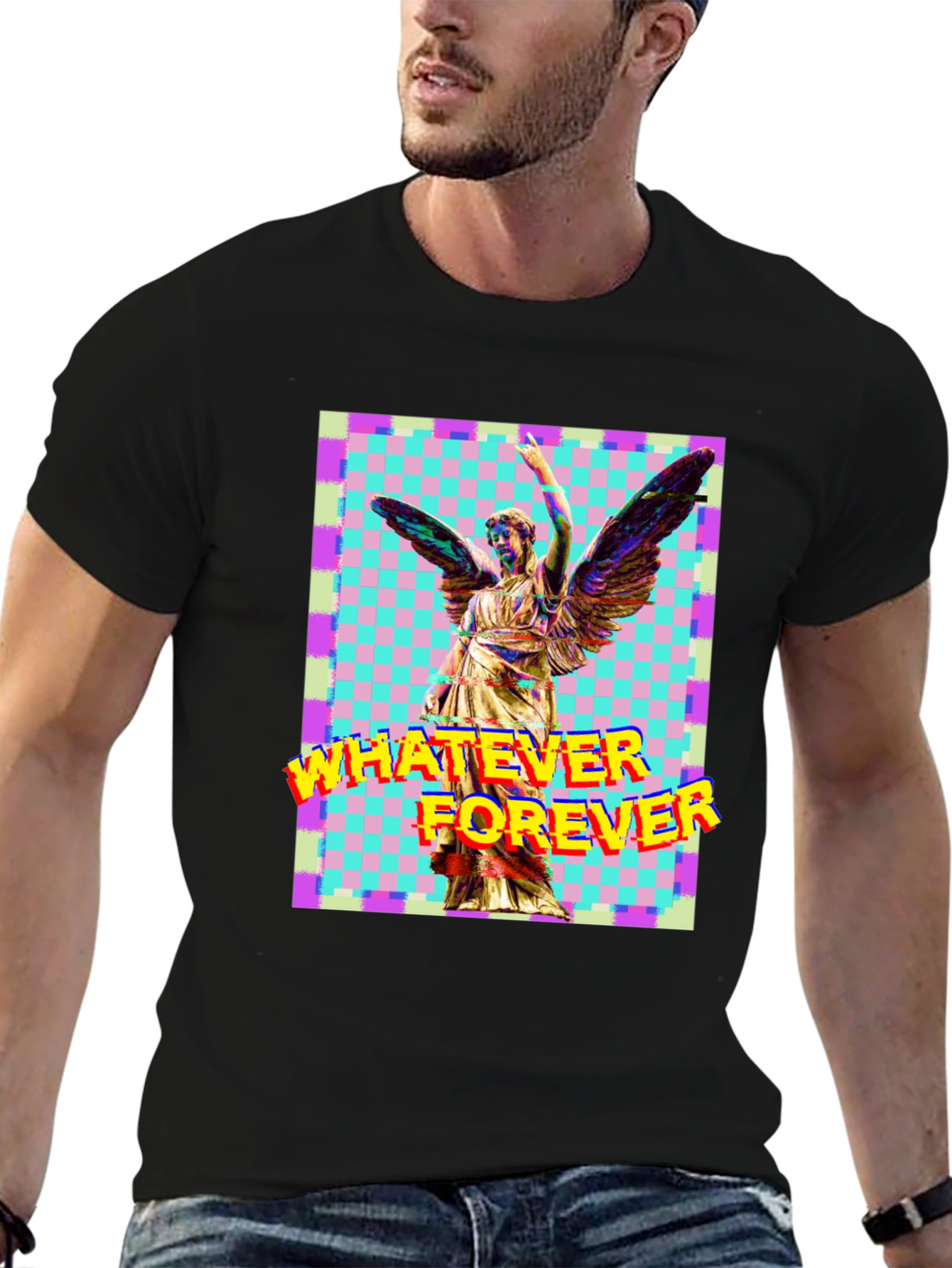 Camiseta Negra con Diseño Artístico de Ángel y Texto