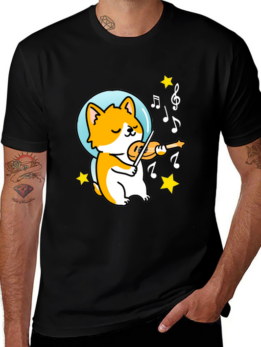 Camiseta Negra con Diseño de Corgi Músico
