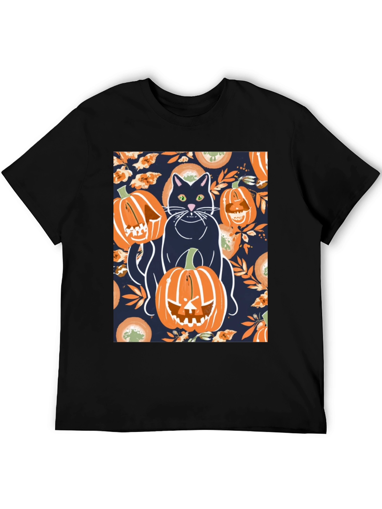 Camiseta Hombre Halloween: Gato y Calabazas