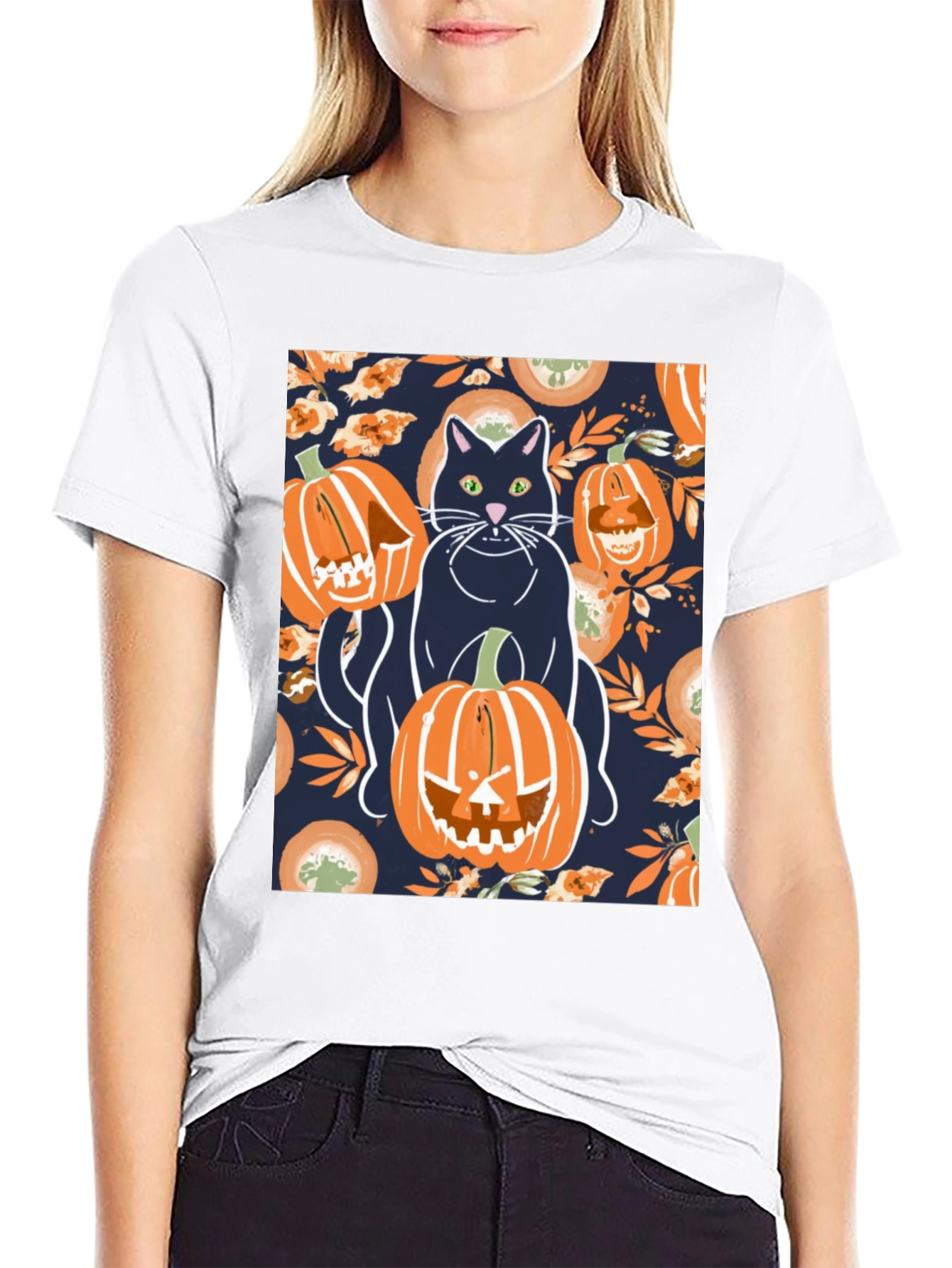 Camiseta Hombre Halloween: Gato y Calabazas