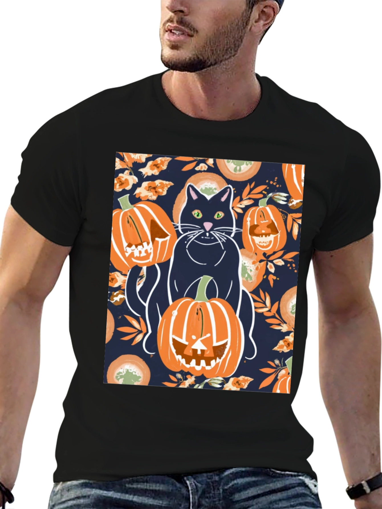 Camiseta Hombre Halloween: Gato y Calabazas