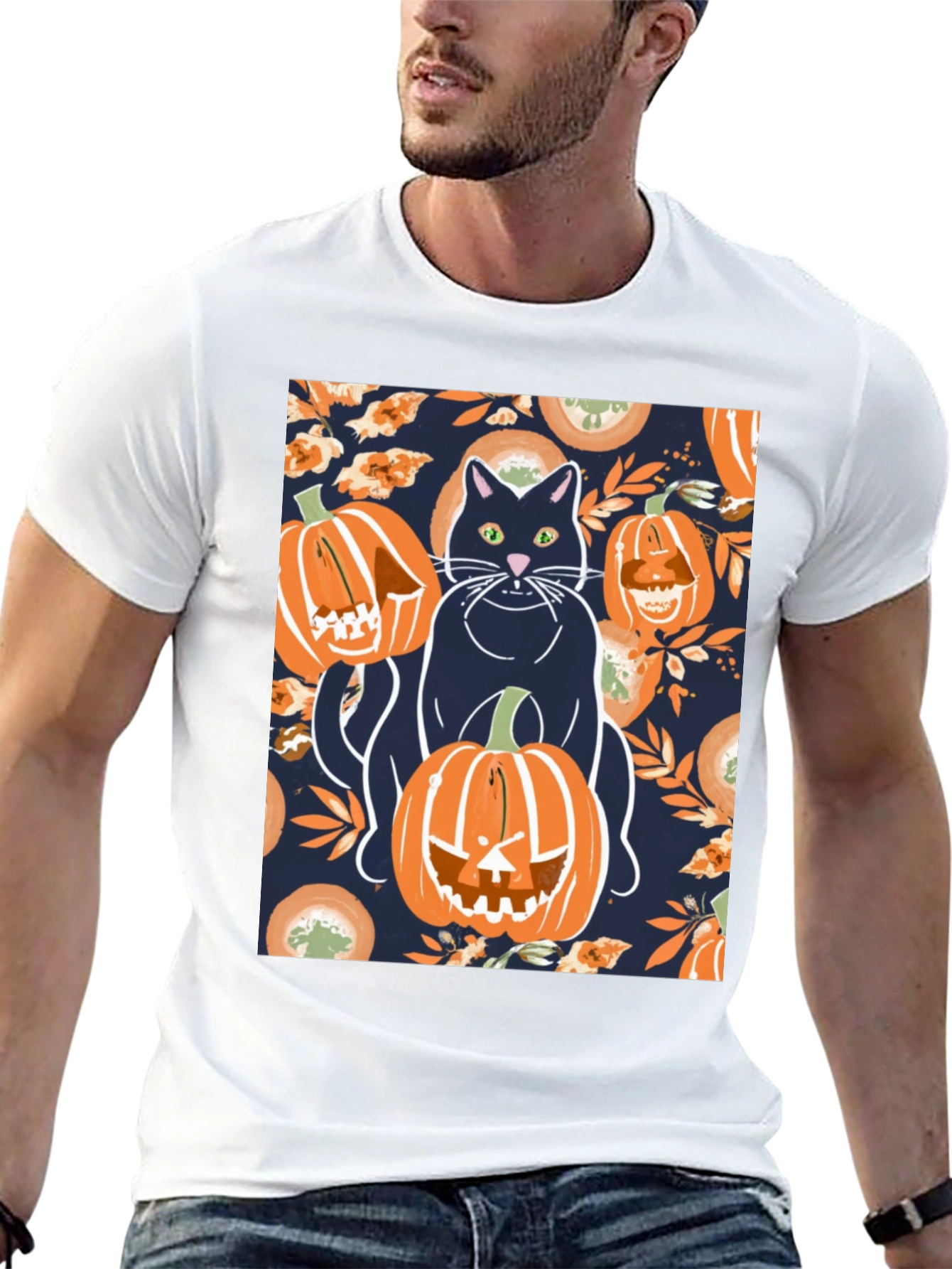 Camiseta Hombre Halloween: Gato y Calabazas