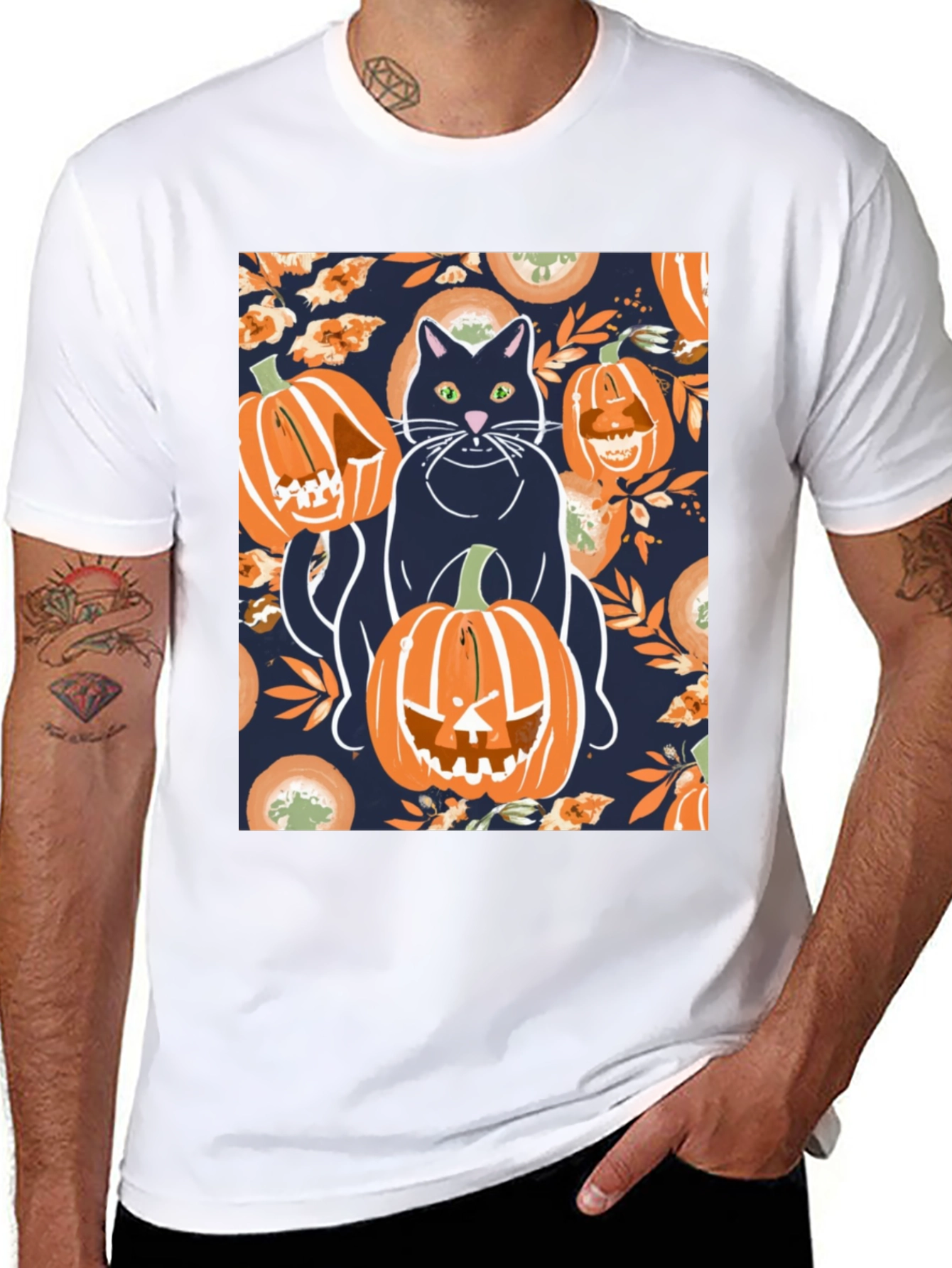 Camiseta Hombre Halloween: Gato y Calabazas