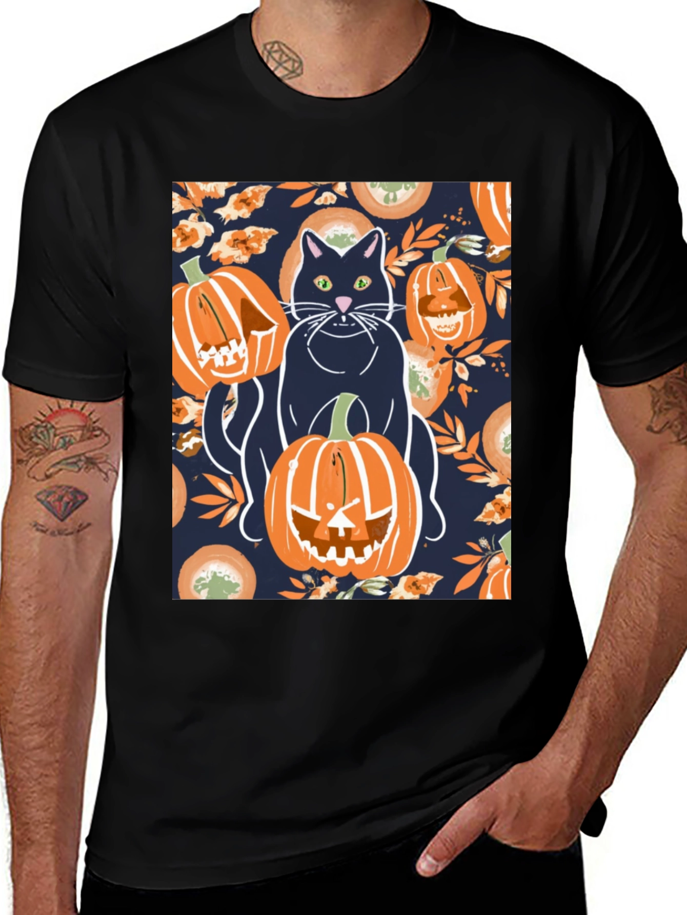 Camiseta Hombre Halloween: Gato y Calabazas