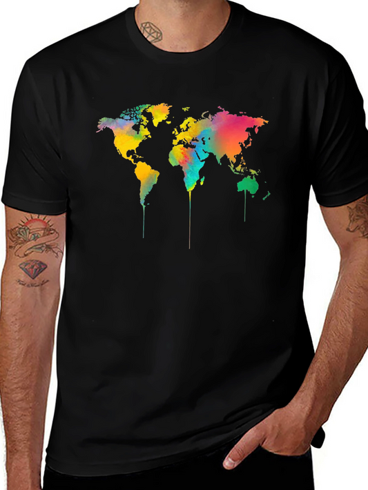 Camiseta Negra Mapa Mundial Acuarela