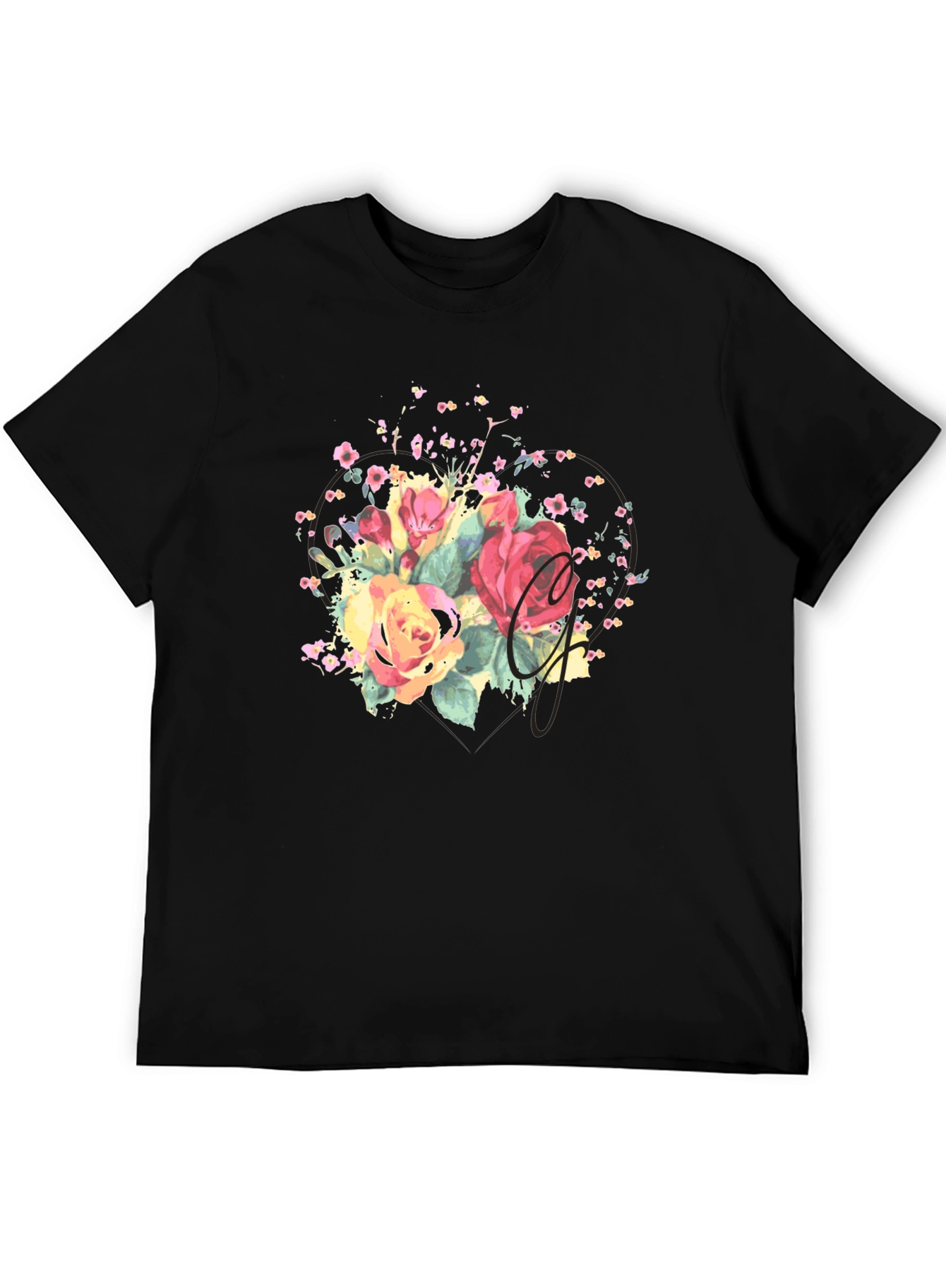 Camiseta Negra con Estampado Floral Acuarela